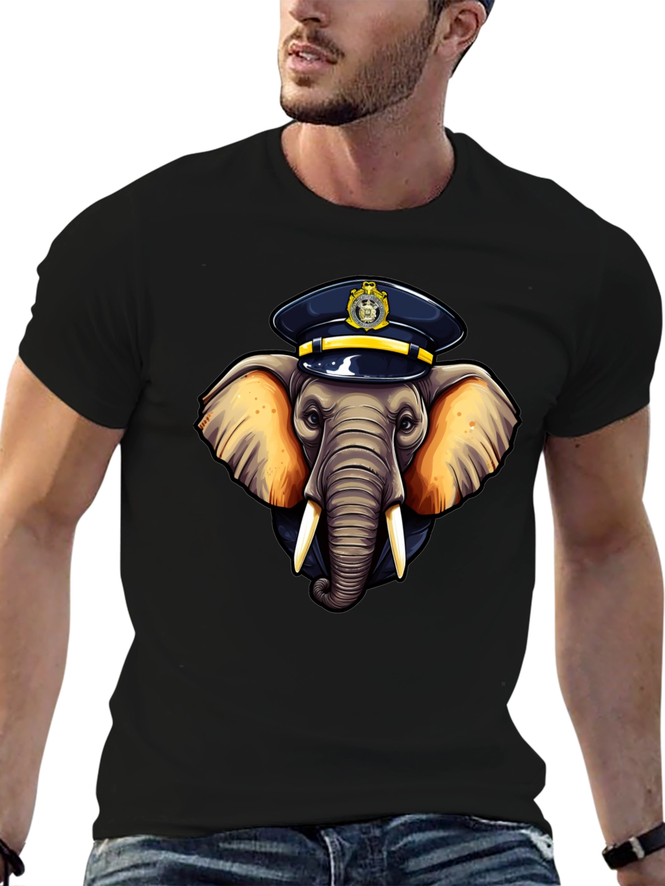 Elephant Police Hat Black T-Shirt