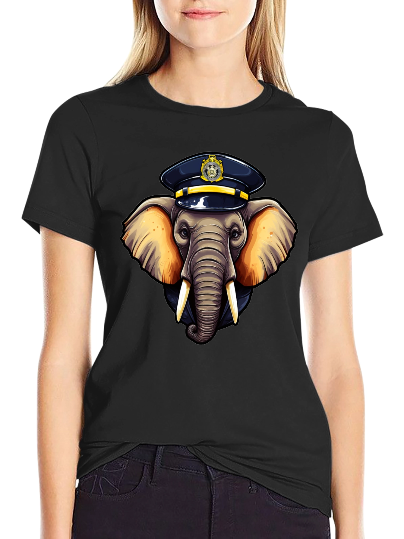Elephant Police Hat Black T-Shirt