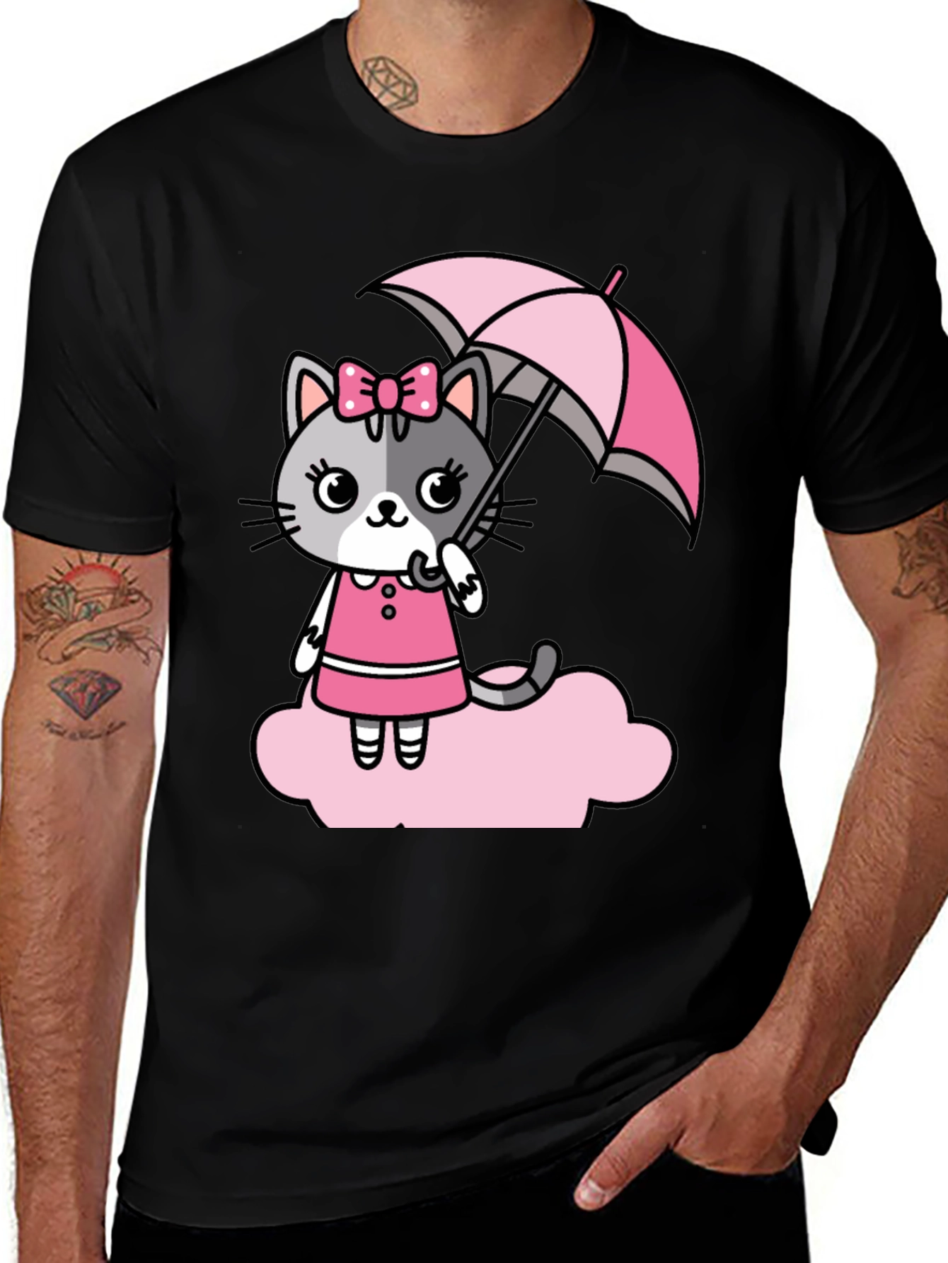 Cute Cat With Umbrella Graphic T-Shirt