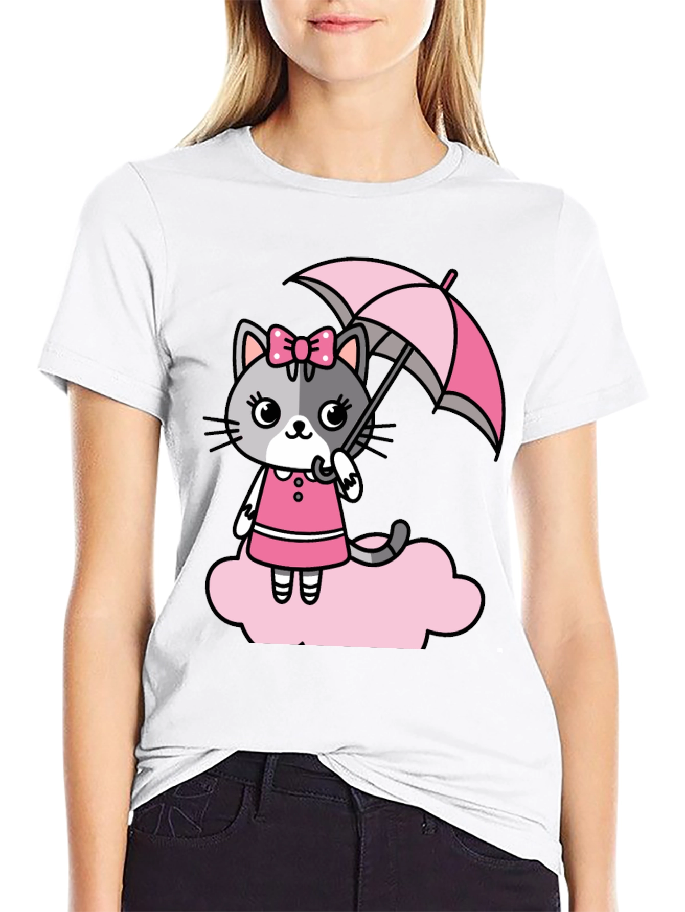 Cute Cat With Umbrella Graphic T-Shirt
