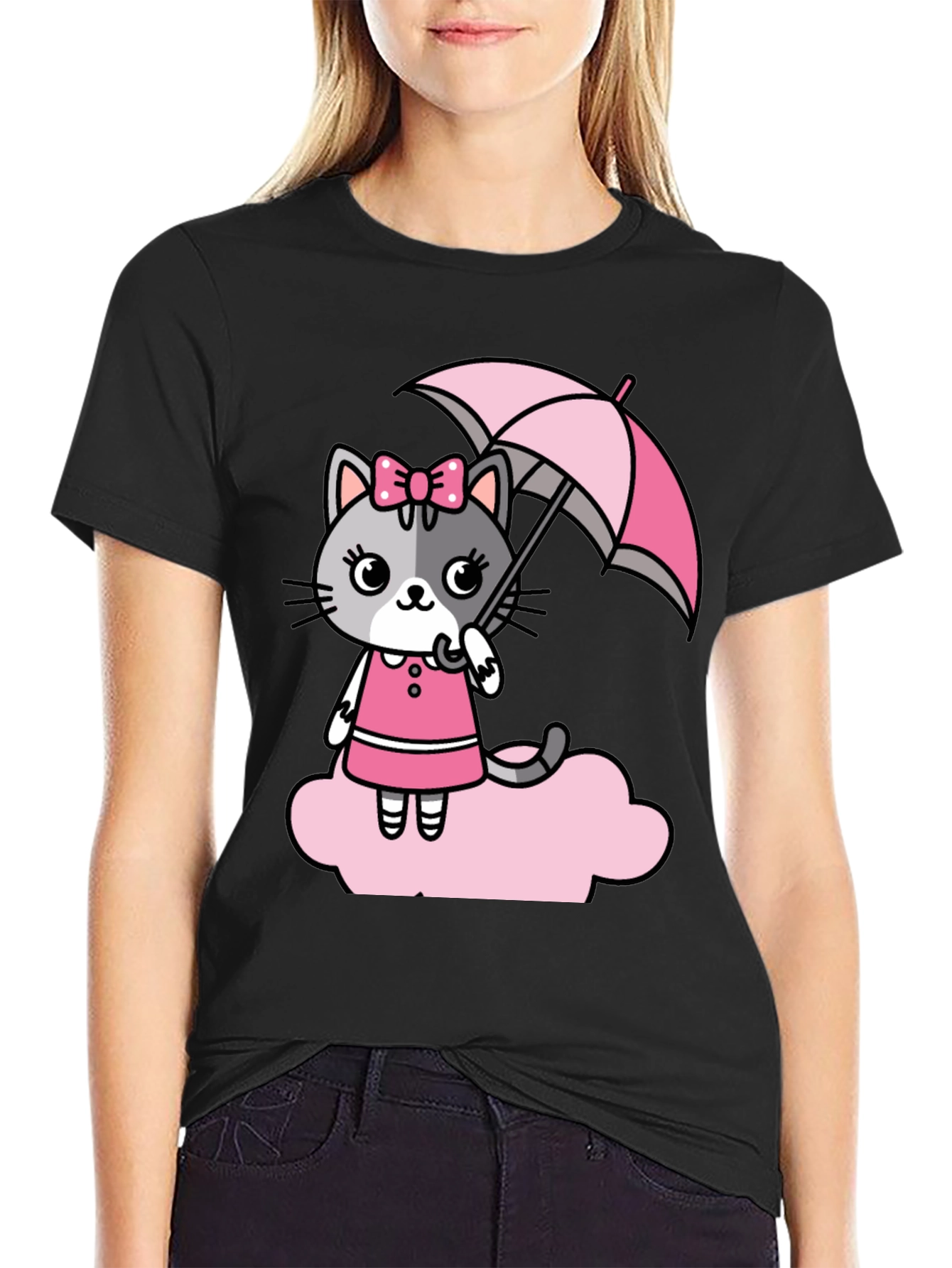 Cute Cat With Umbrella Graphic T-Shirt