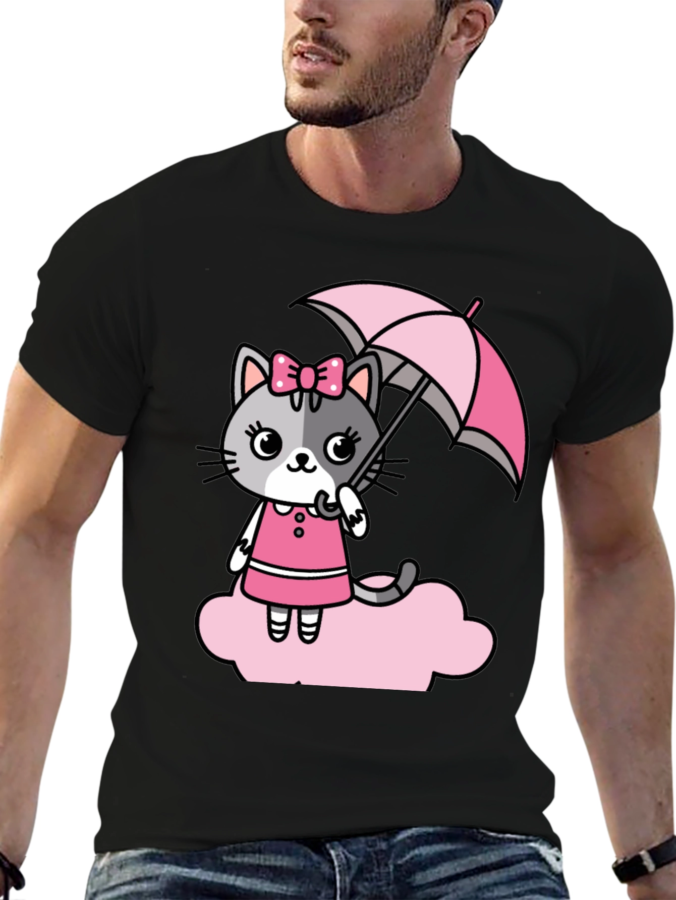 Cute Cat With Umbrella Graphic T-Shirt