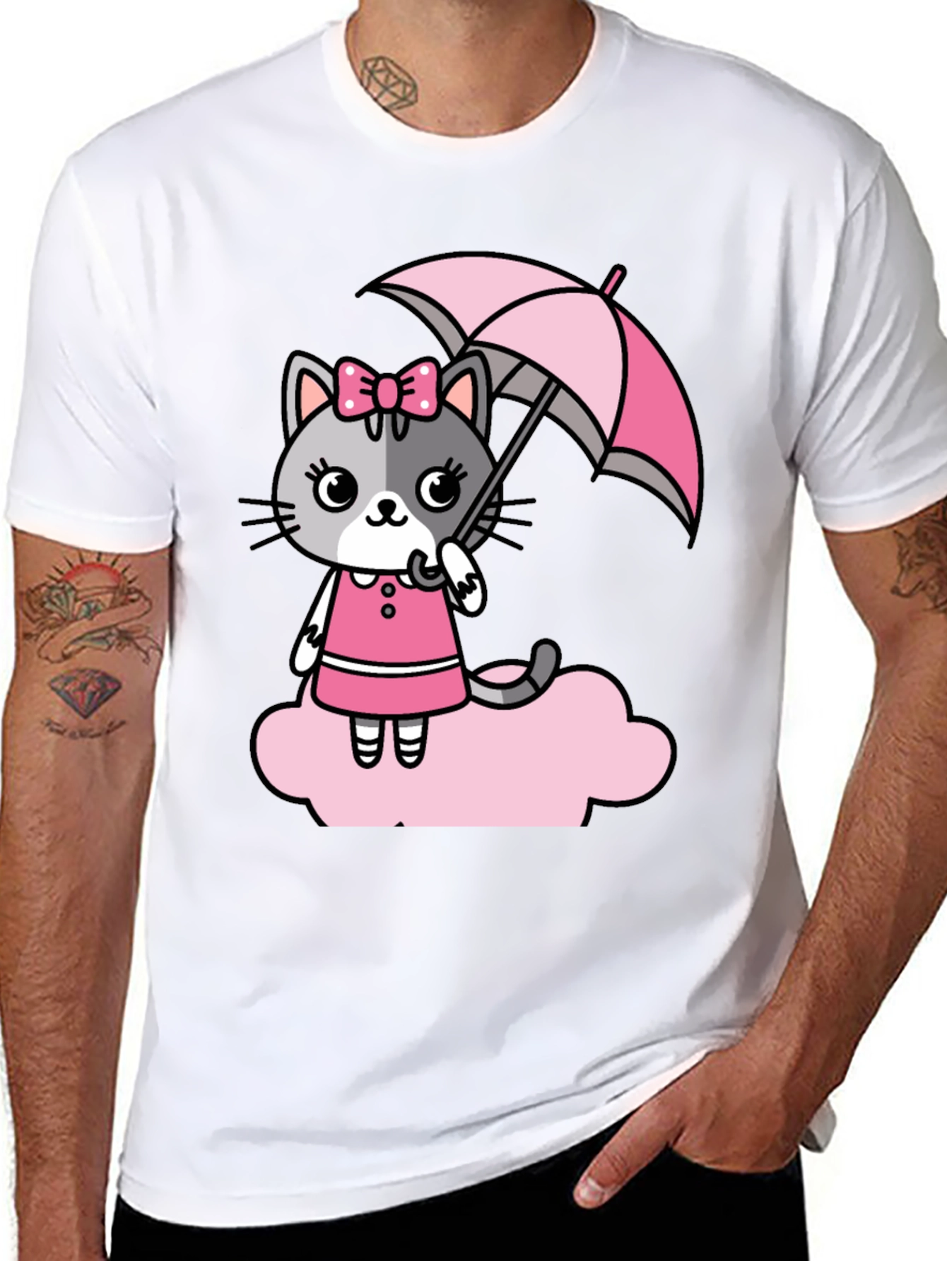 Cute Cat With Umbrella Graphic T-Shirt