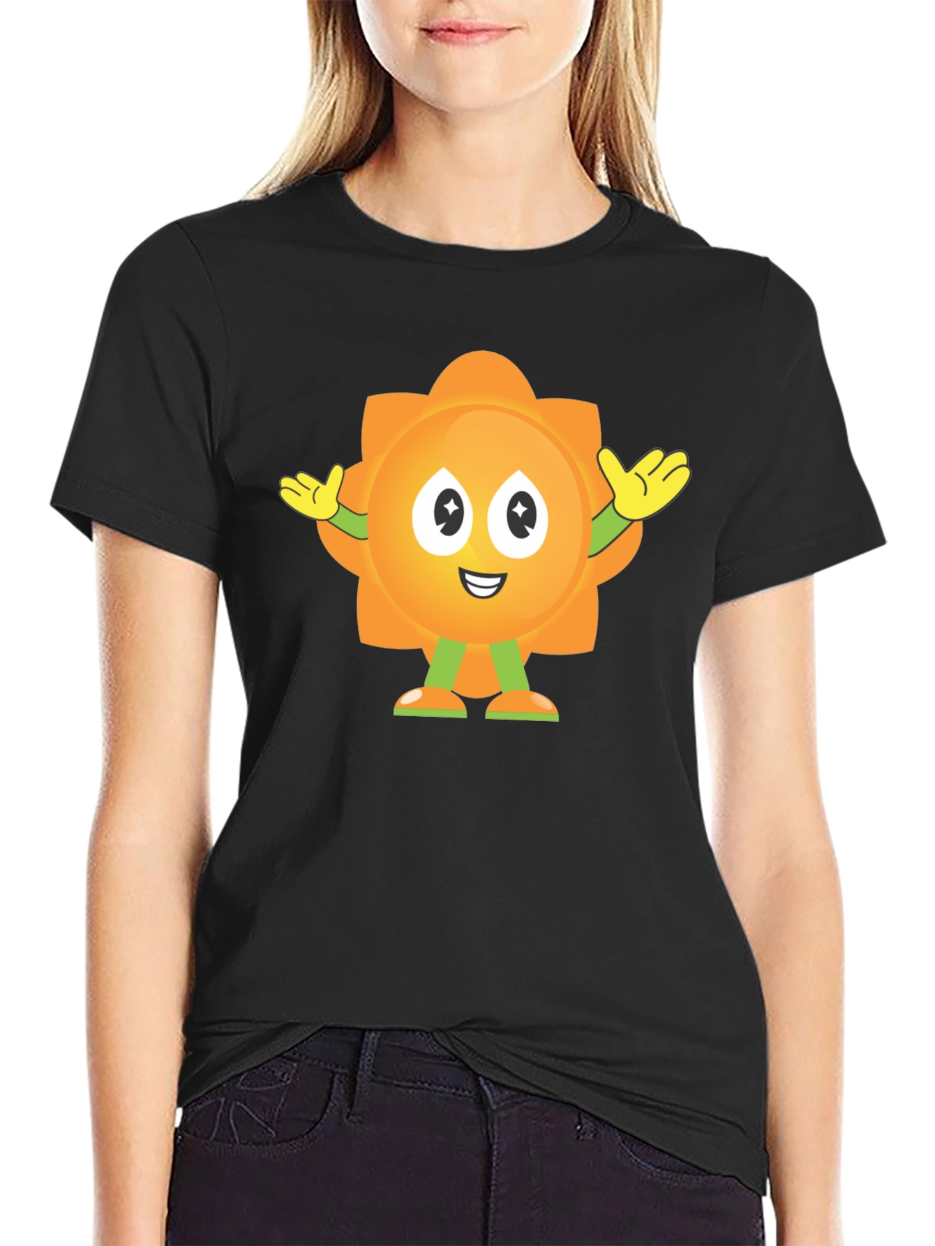 Fun Flower Cartoon Graphic Black T-Shirt
