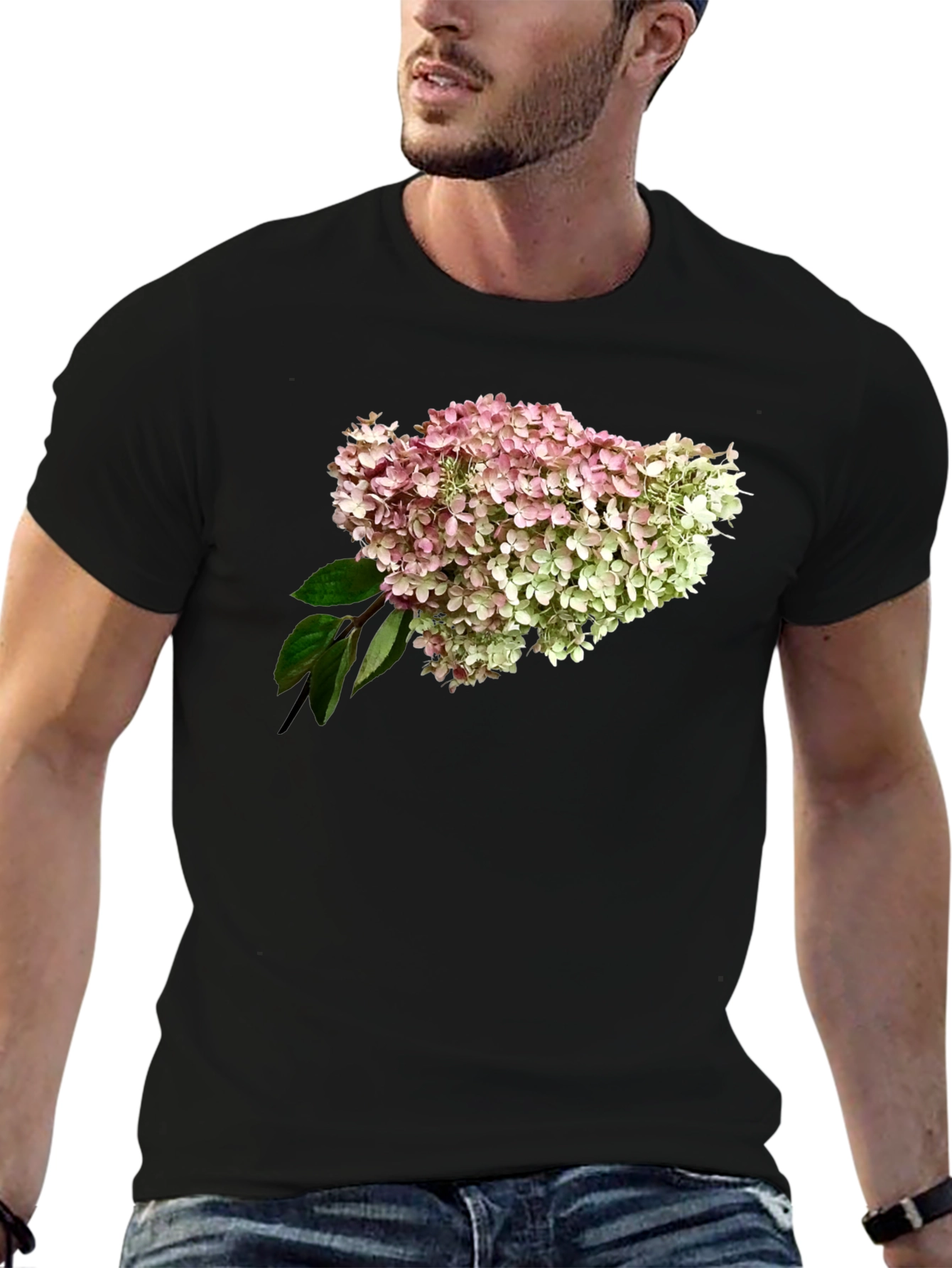 Floral Hydrangea Print Black T-Shirt
