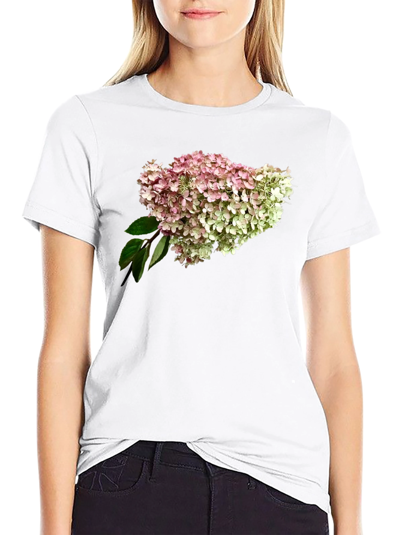 Floral Hydrangea Print Black T-Shirt