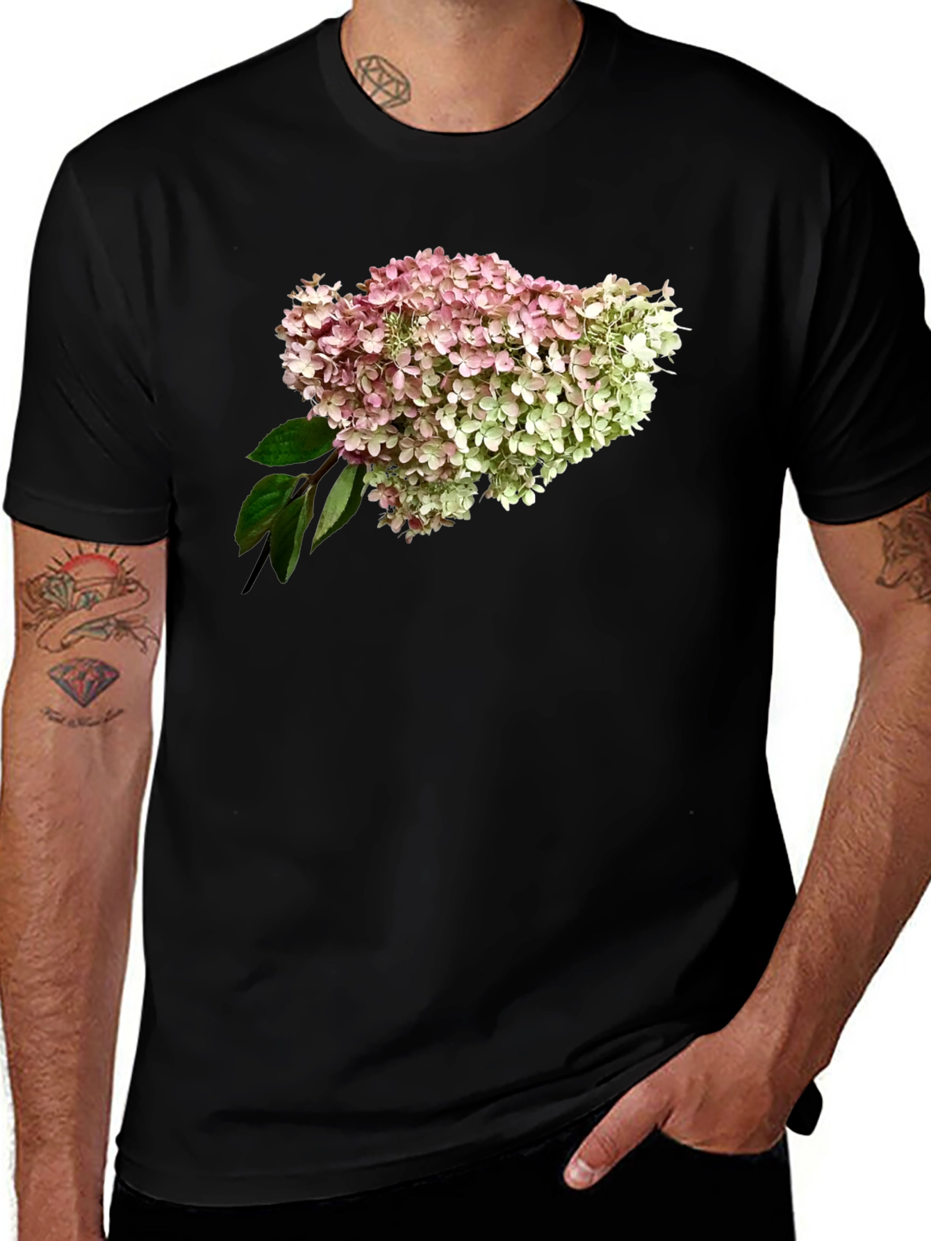 Floral Hydrangea Print Black T-Shirt