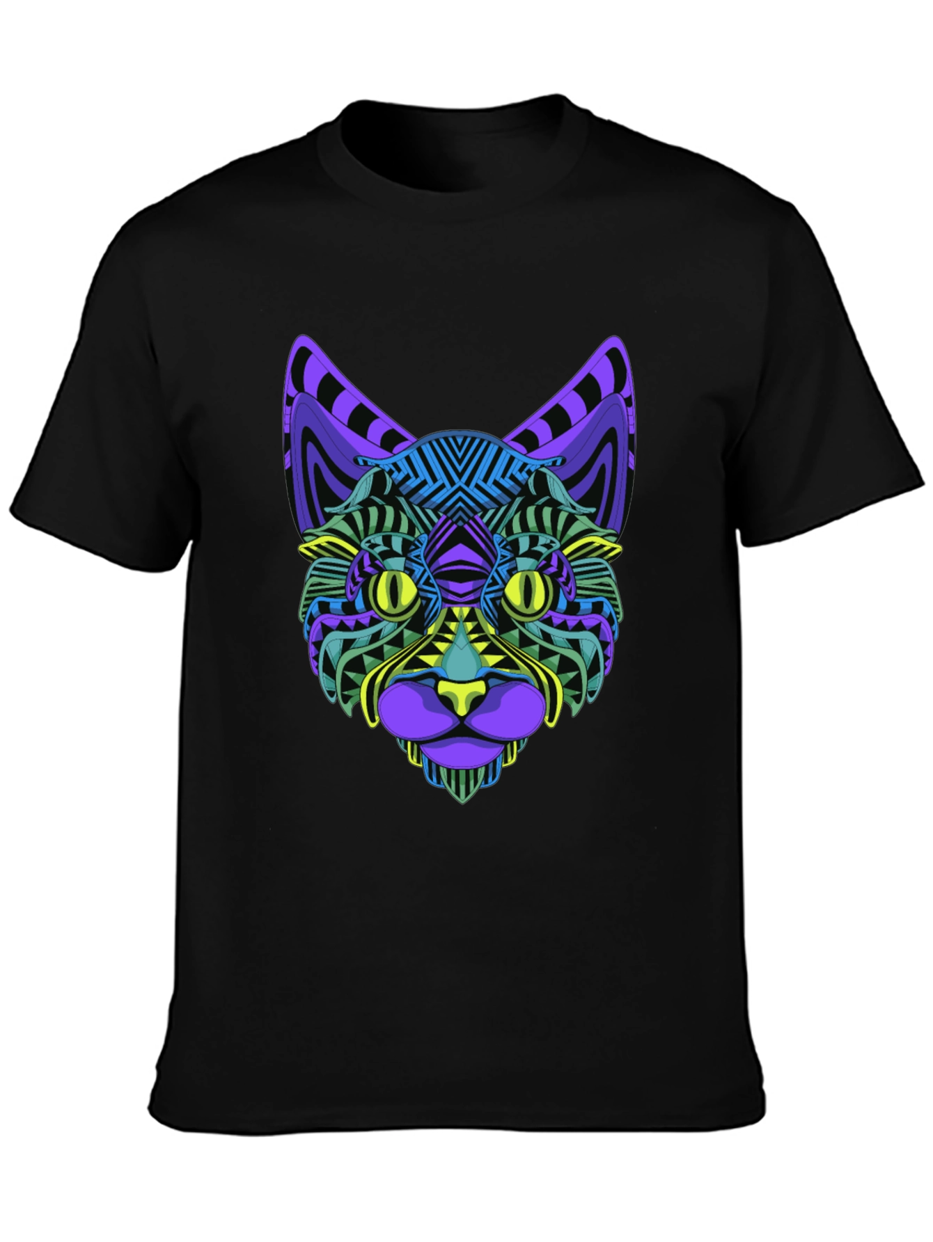 Vibrant Geometric Cat Face Graphic Black T-Shirt