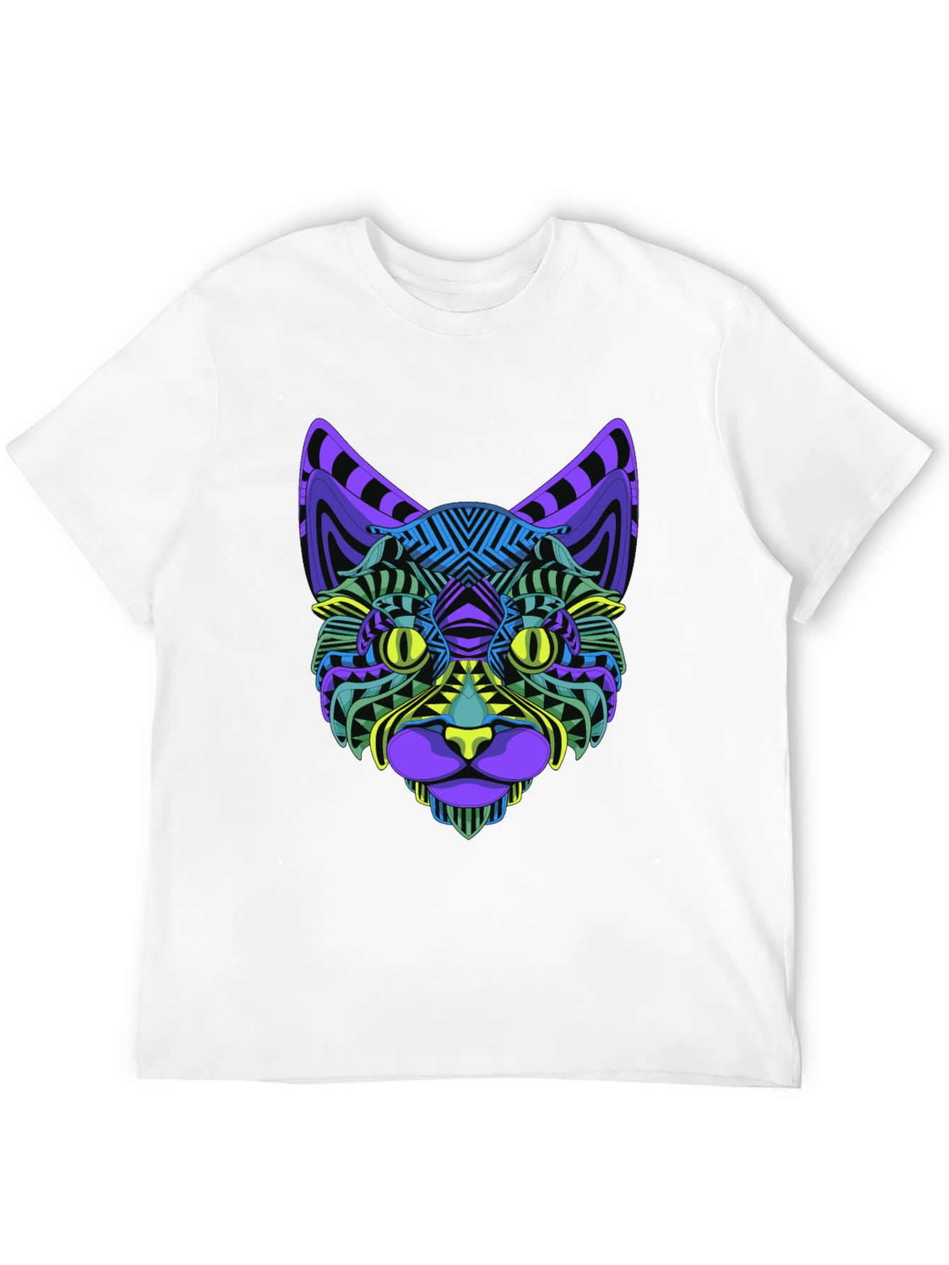 Vibrant Geometric Cat Face Graphic Black T-Shirt