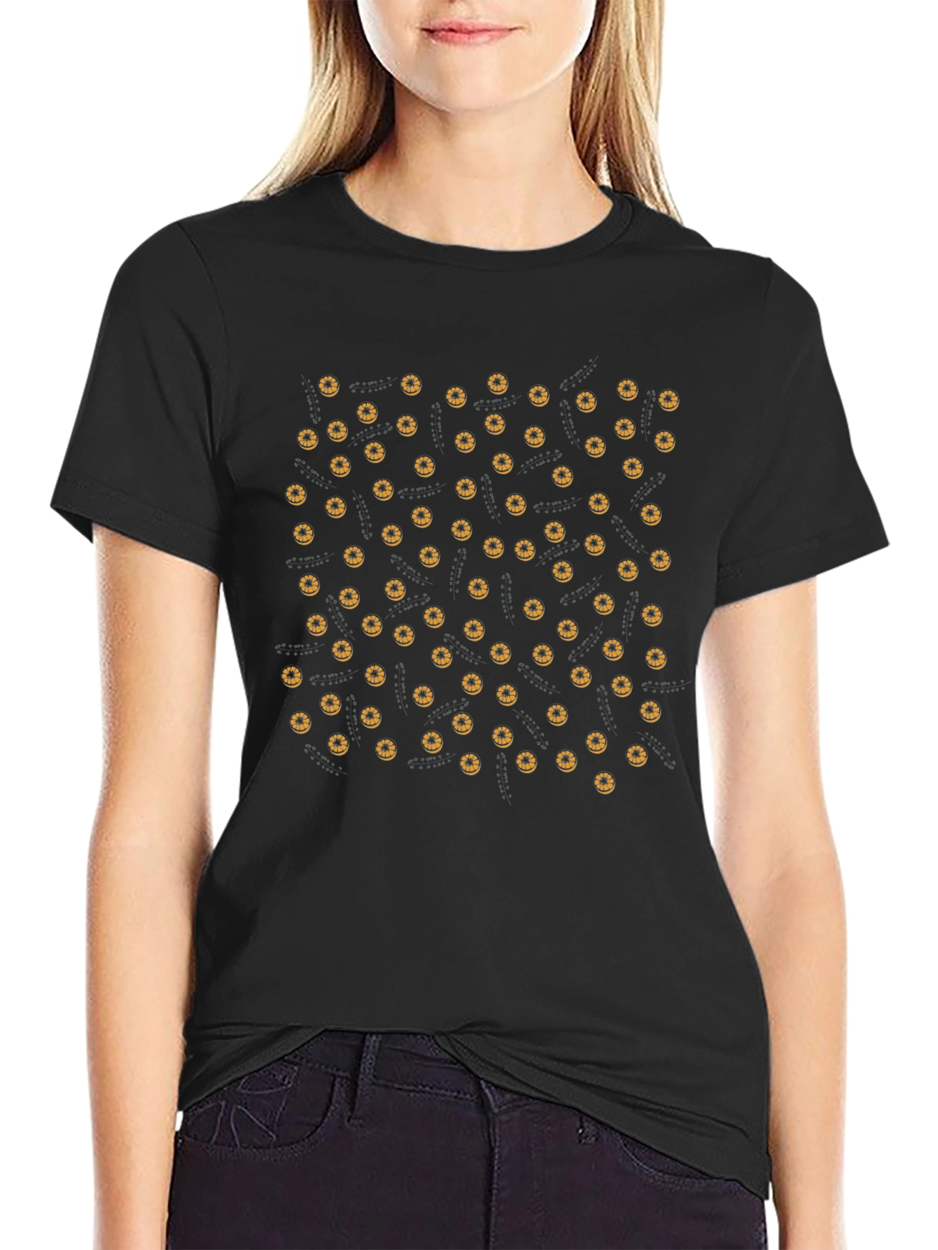 Halloween Donut Pattern Tee - Black Cotton Casual T-Shirt