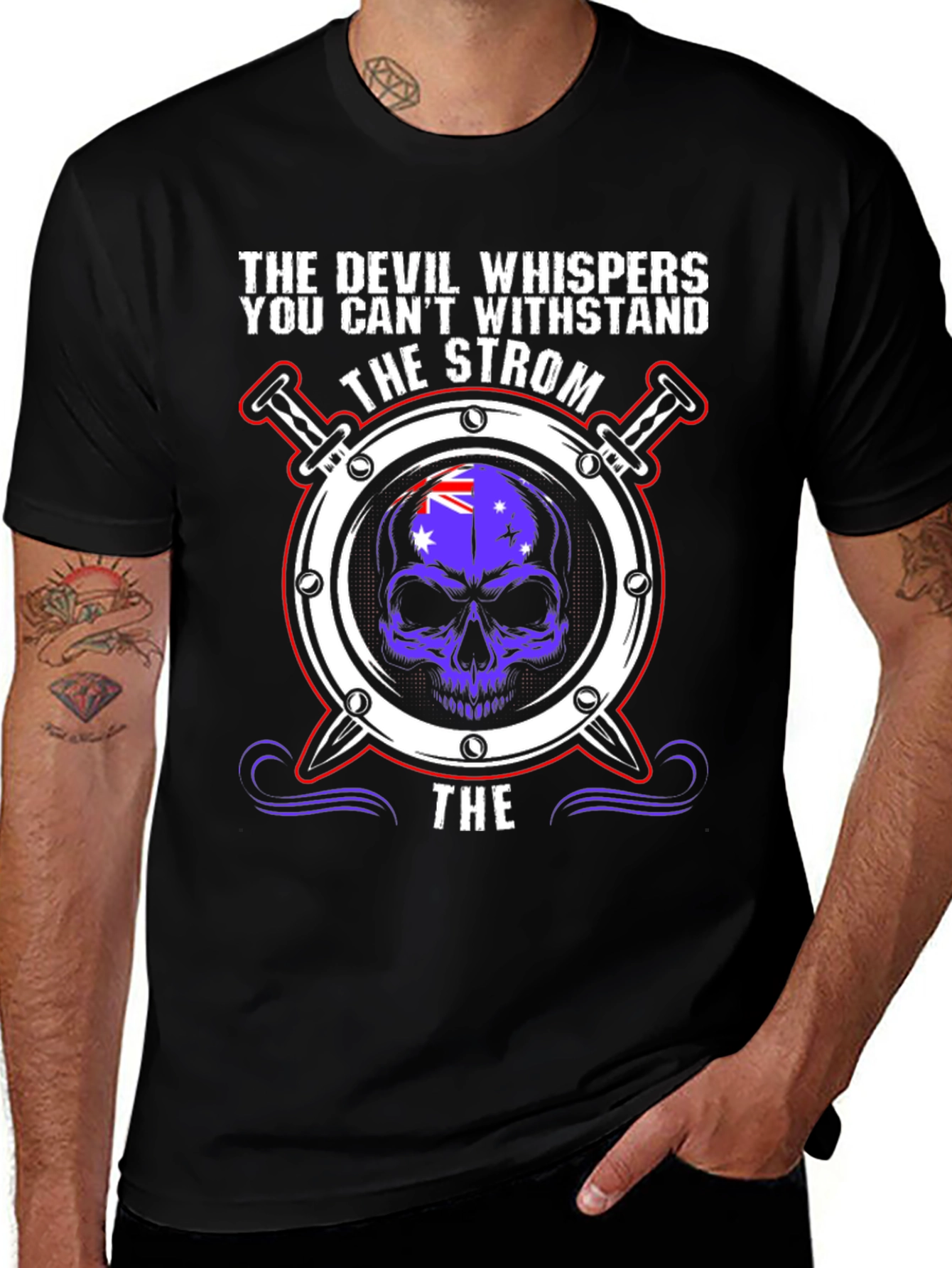 Devil Whispers Strom T-Shirt - Skull & Flag Design
