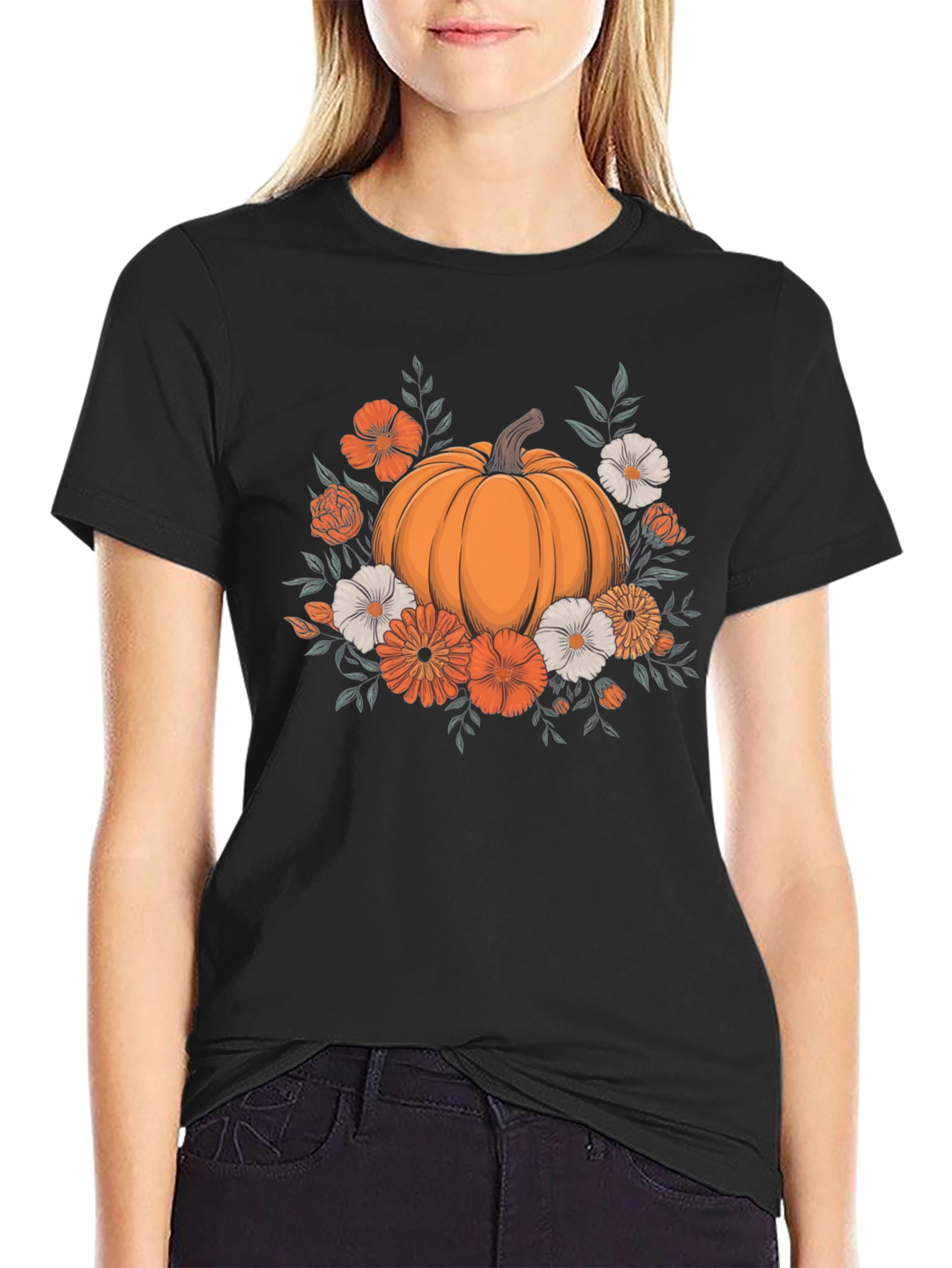 Pumpkin Floral Graphic Tee - Autumn Vibes