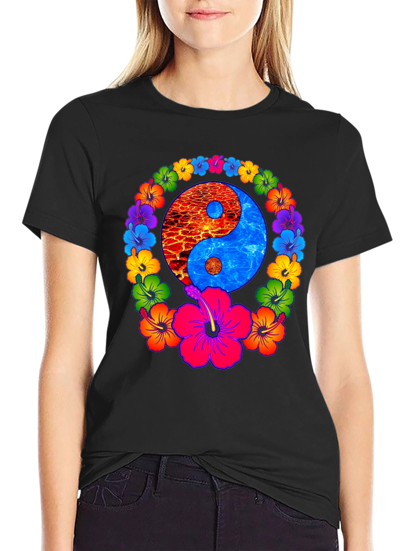 Yin Yang Hibiscus T-Shirt - Fire and Water Balance