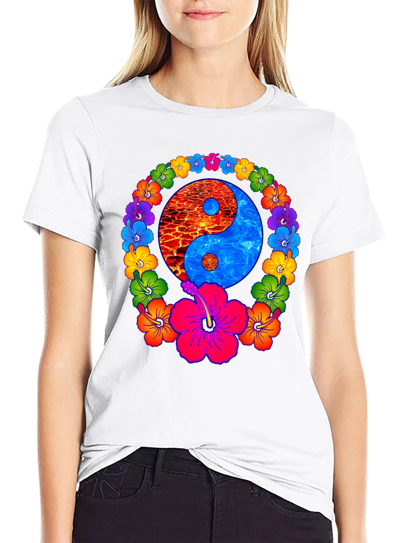 Yin Yang Hibiscus T-Shirt - Fire and Water Balance