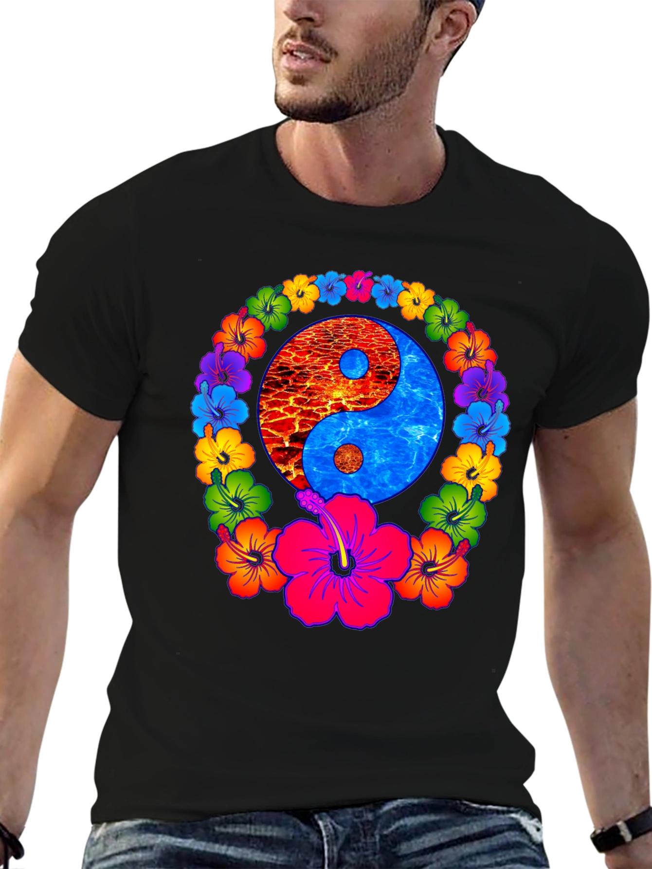 Yin Yang Hibiscus T-Shirt - Fire and Water Balance