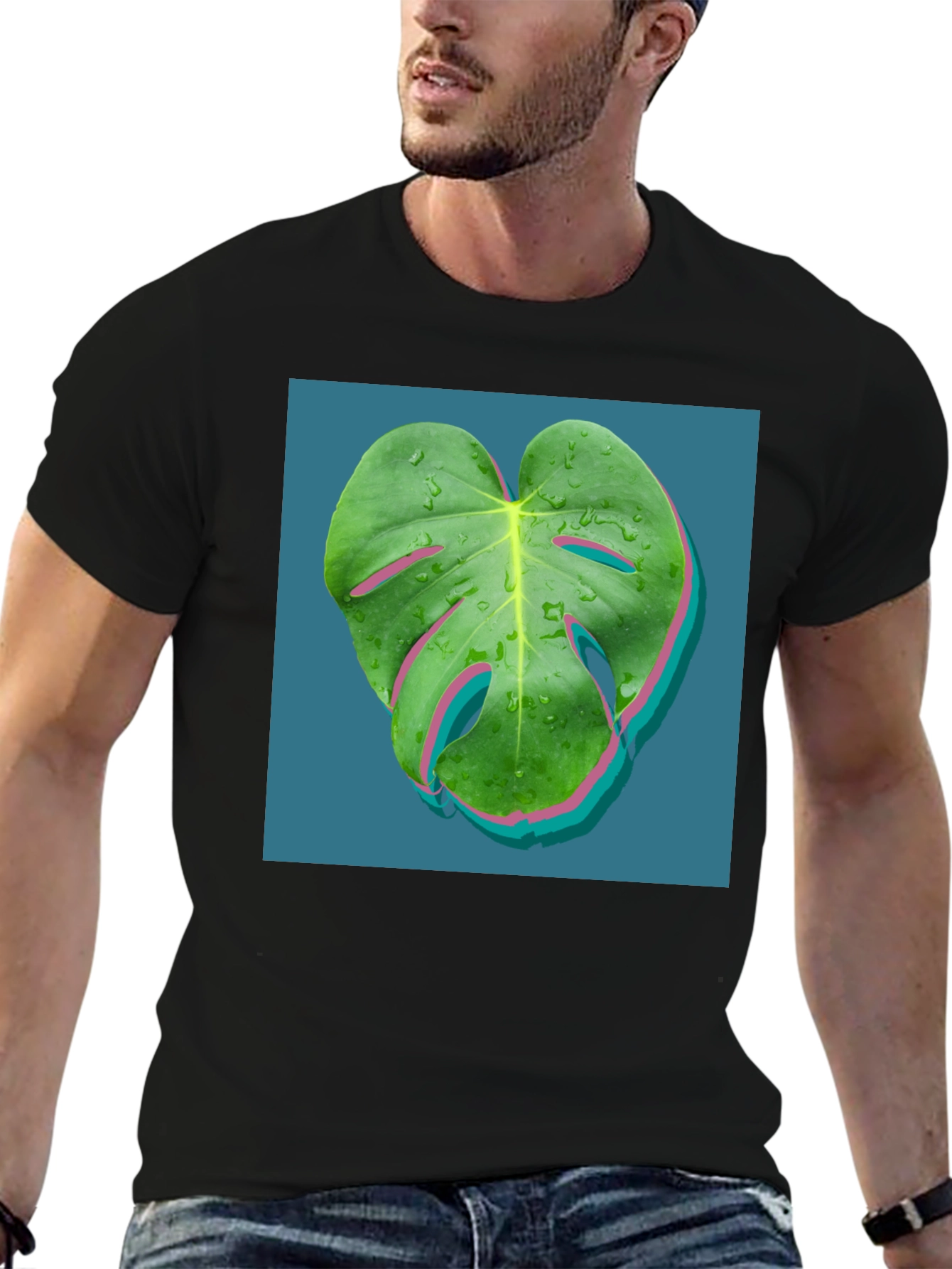 Modern Monstera Leaf Graphic Tee - Black