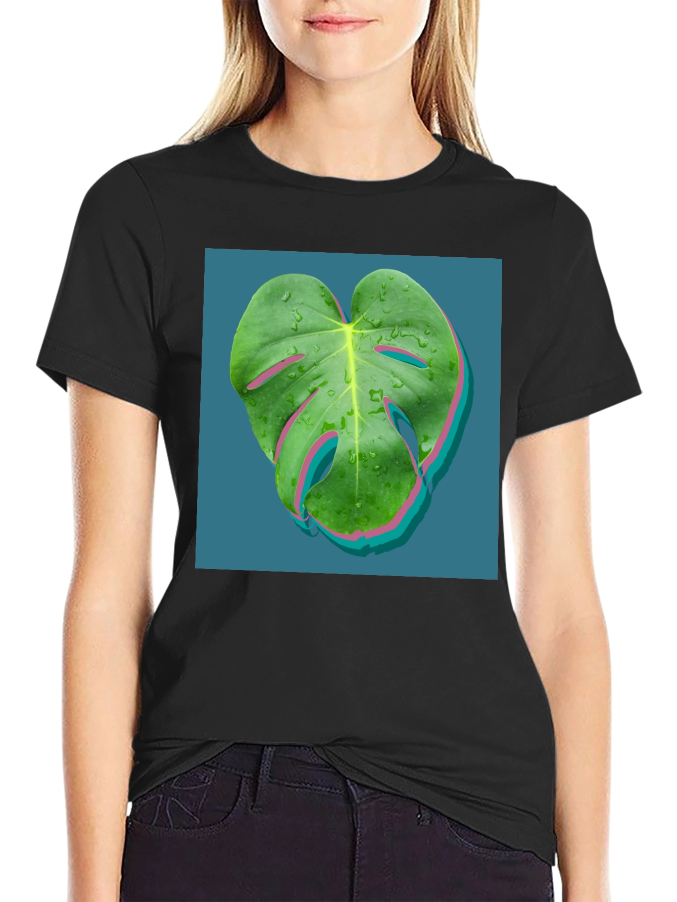 Modern Monstera Leaf Graphic Tee - Black