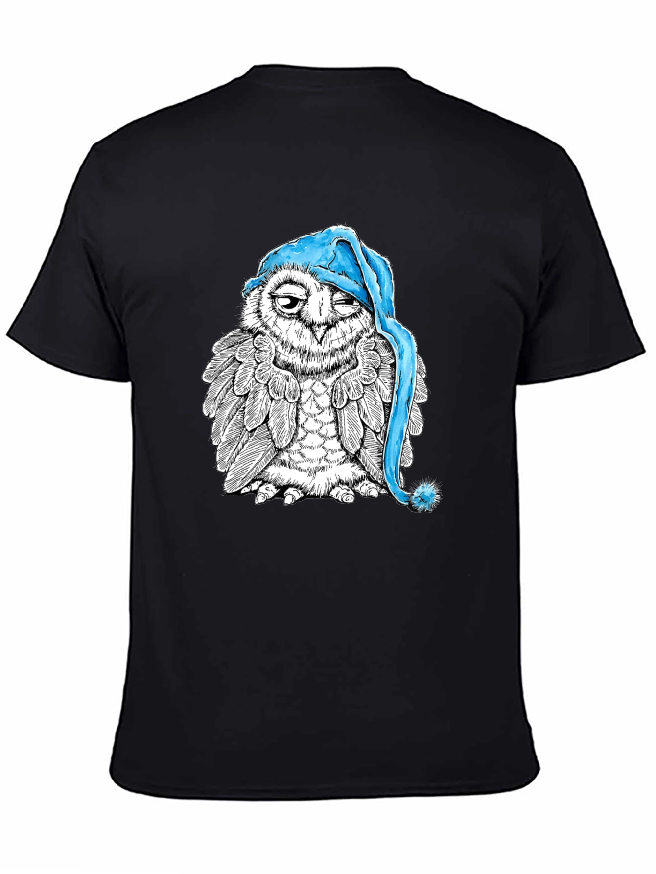Sleepy Owl Graphic Tee - Black Cotton T-Shirt