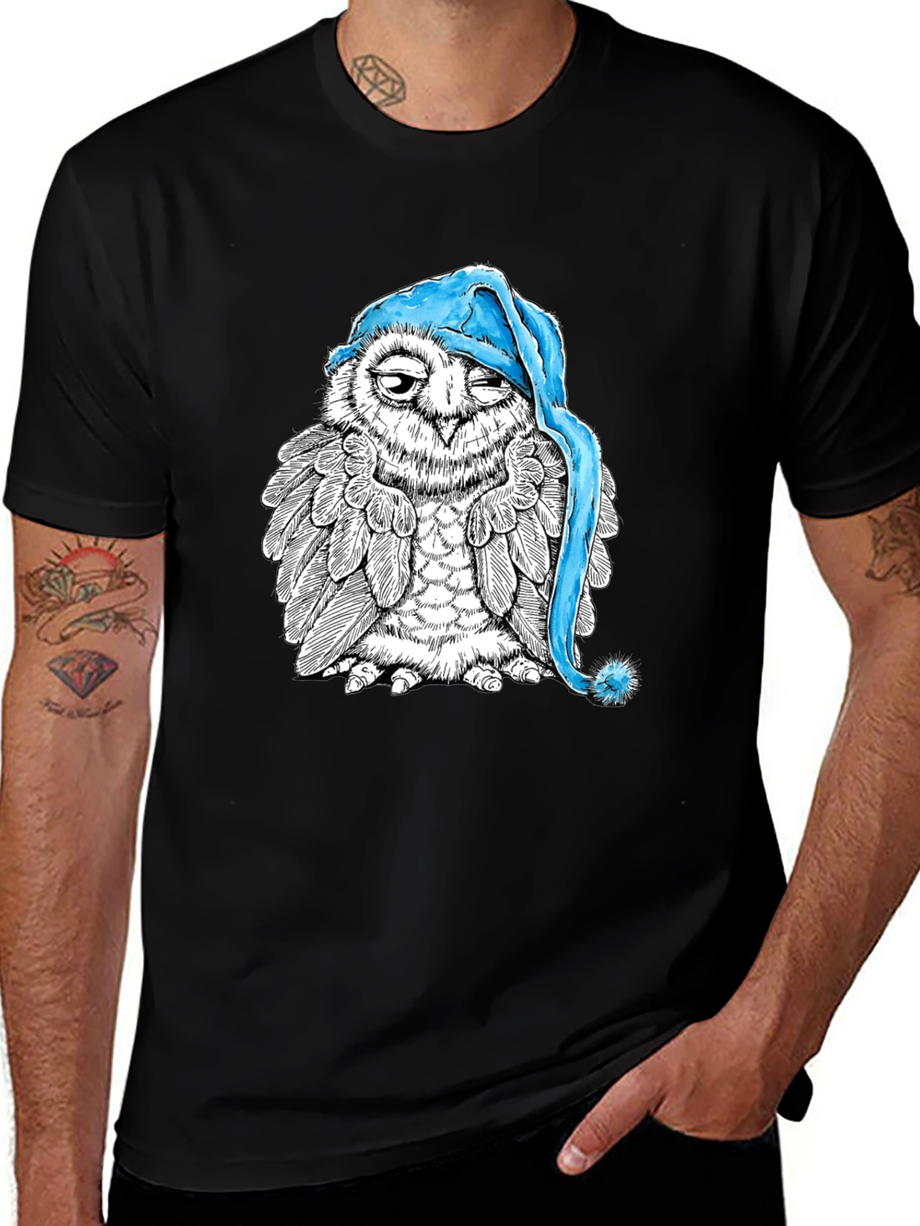 Sleepy Owl Graphic Tee - Black Cotton T-Shirt