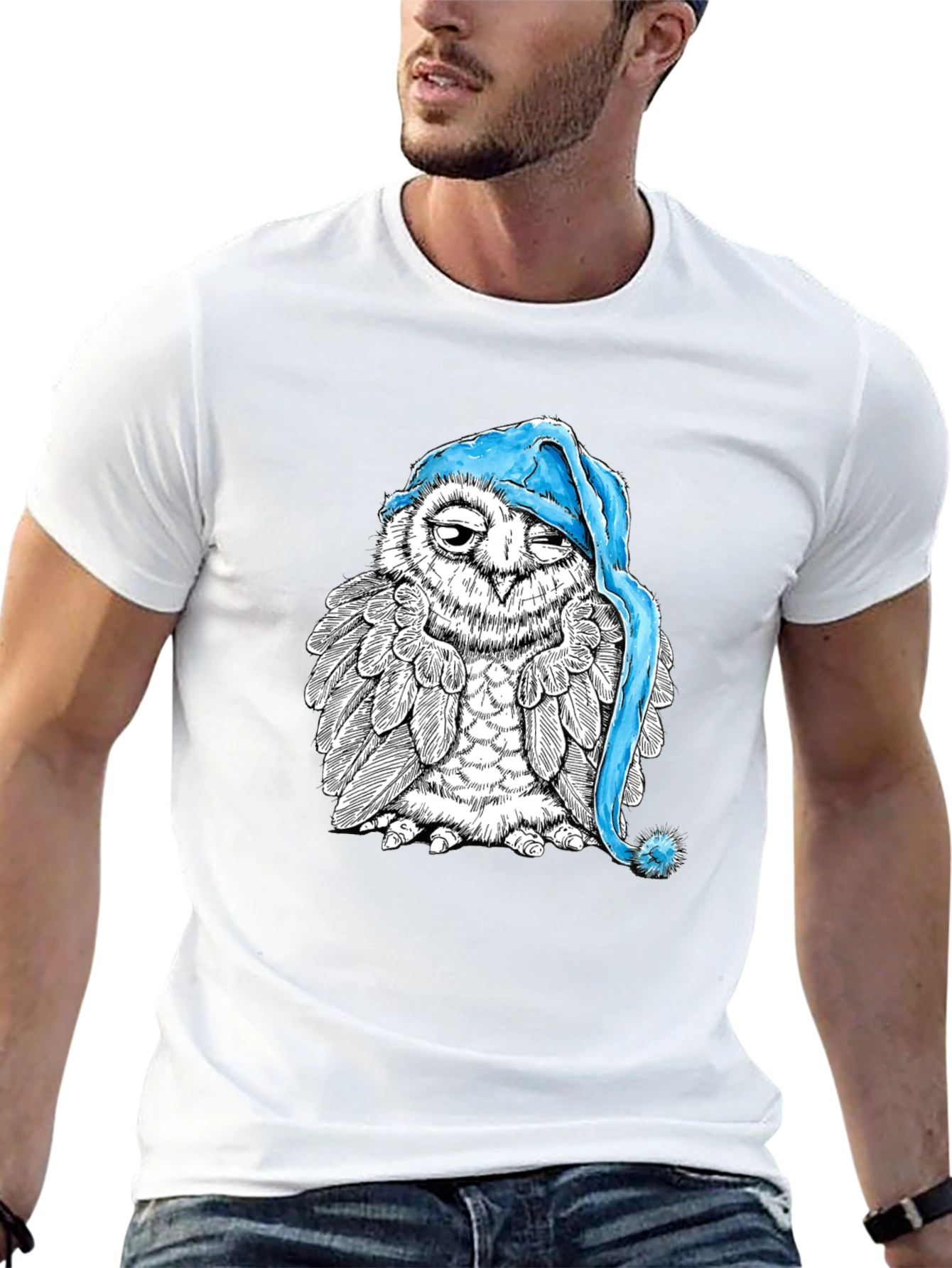 Sleepy Owl Graphic Tee - Black Cotton T-Shirt