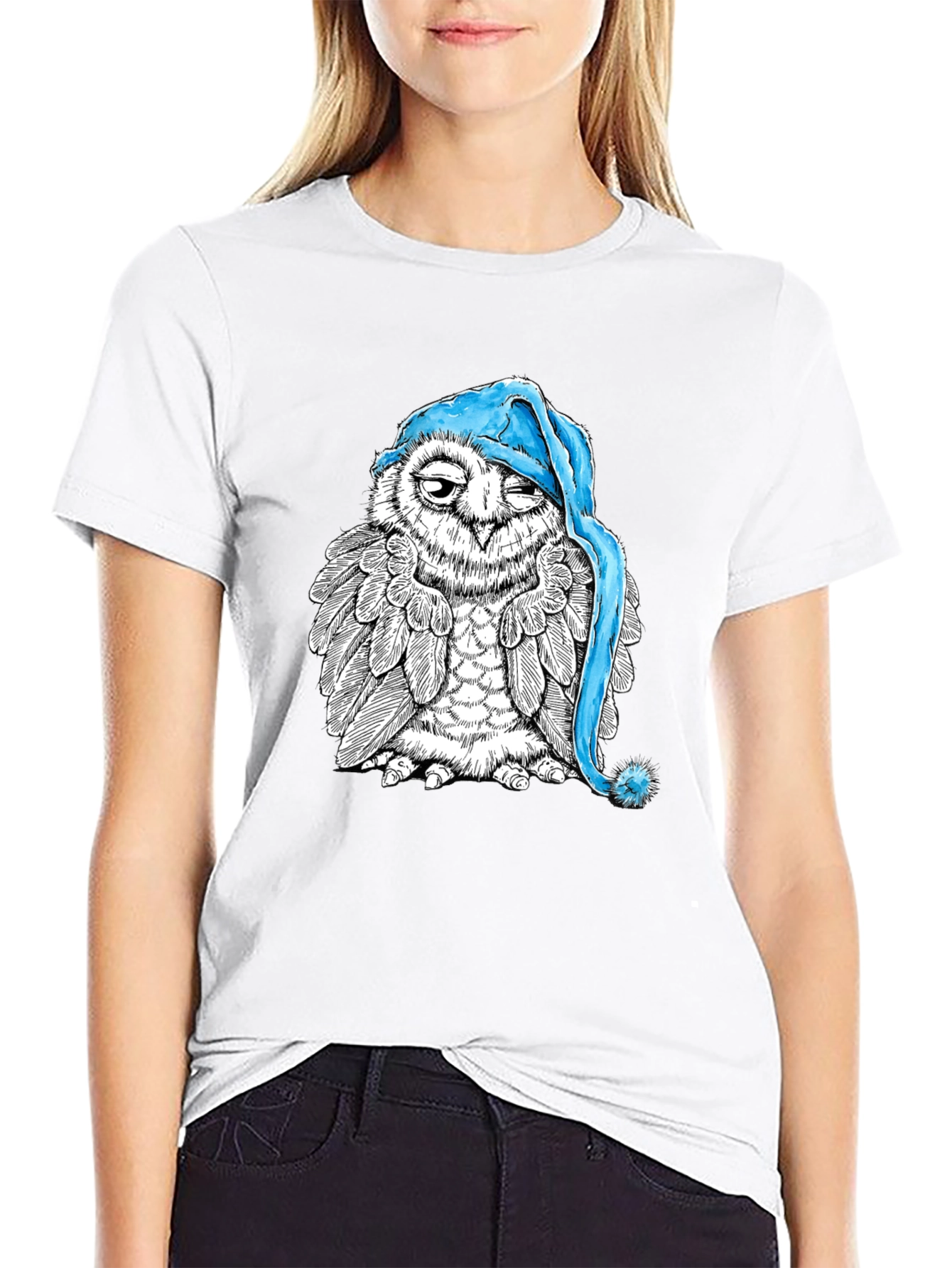 Sleepy Owl Graphic Tee - Black Cotton T-Shirt