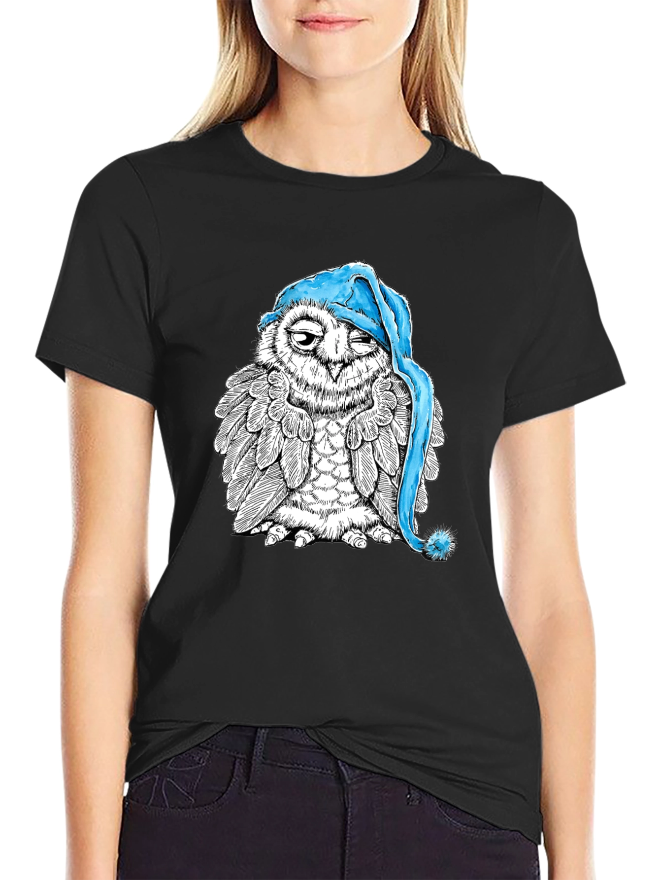 Sleepy Owl Graphic Tee - Black Cotton T-Shirt
