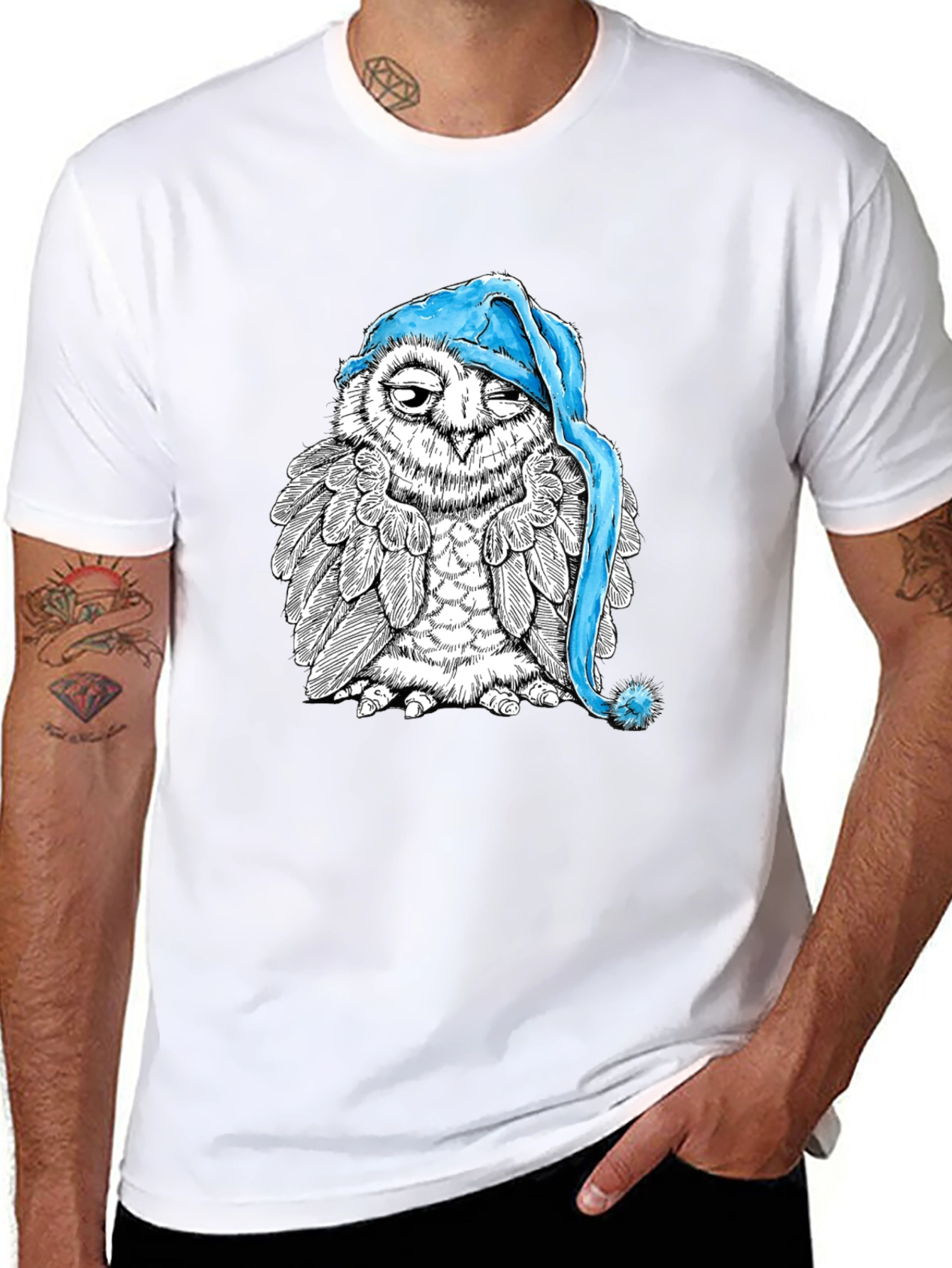 Sleepy Owl Graphic Tee - Black Cotton T-Shirt