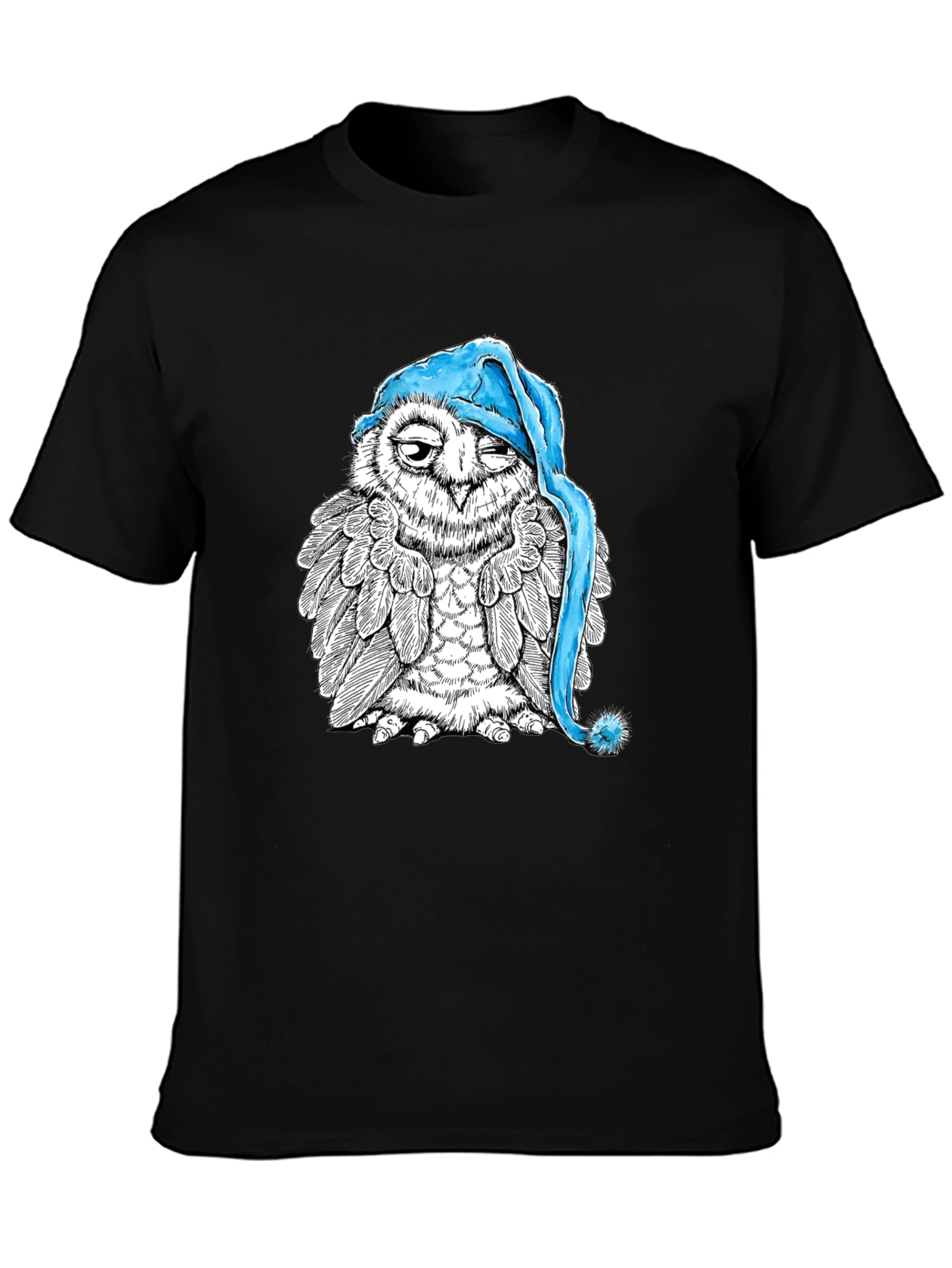 Sleepy Owl Graphic Tee - Black Cotton T-Shirt
