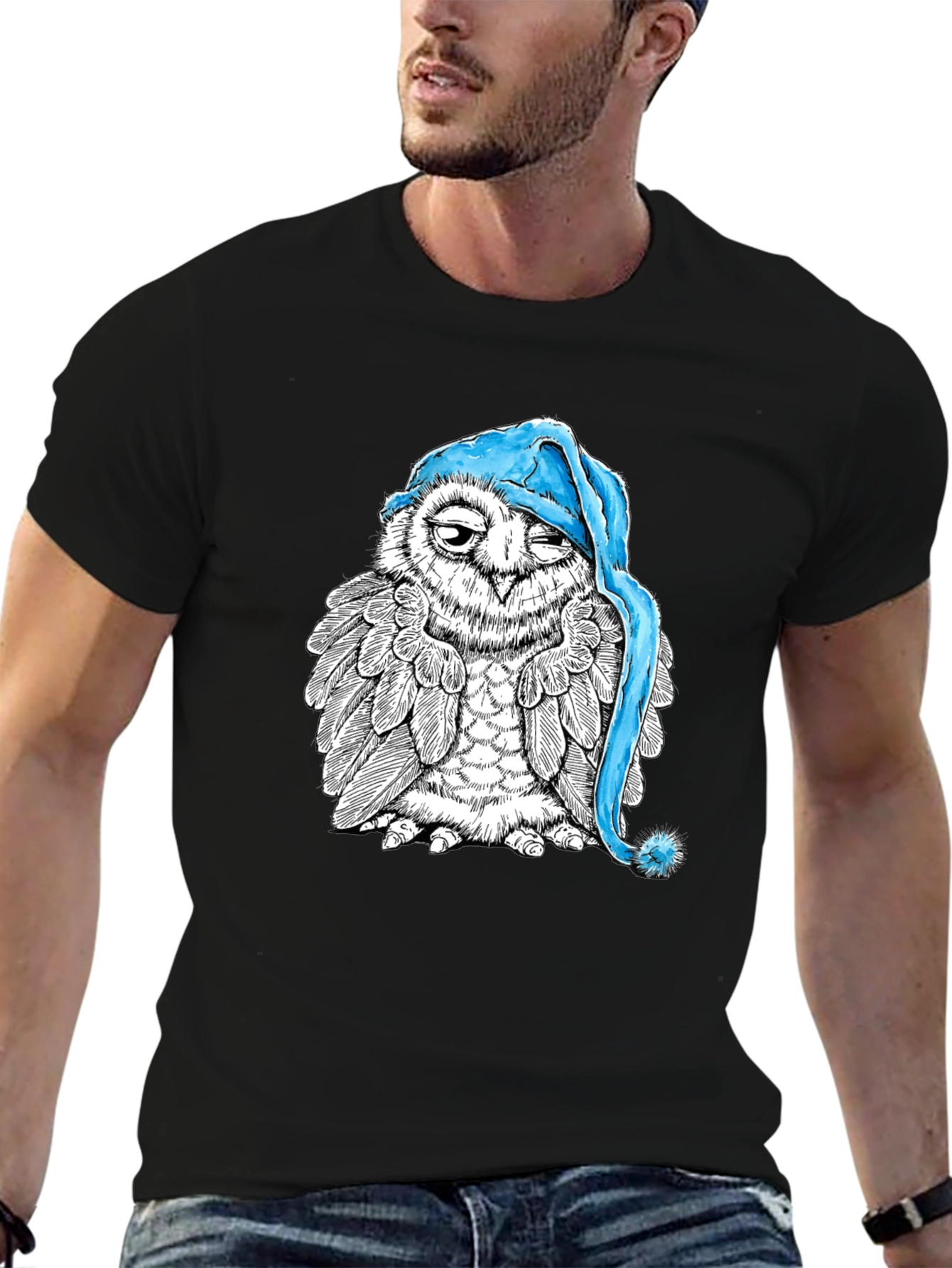 Sleepy Owl Graphic Tee - Black Cotton T-Shirt