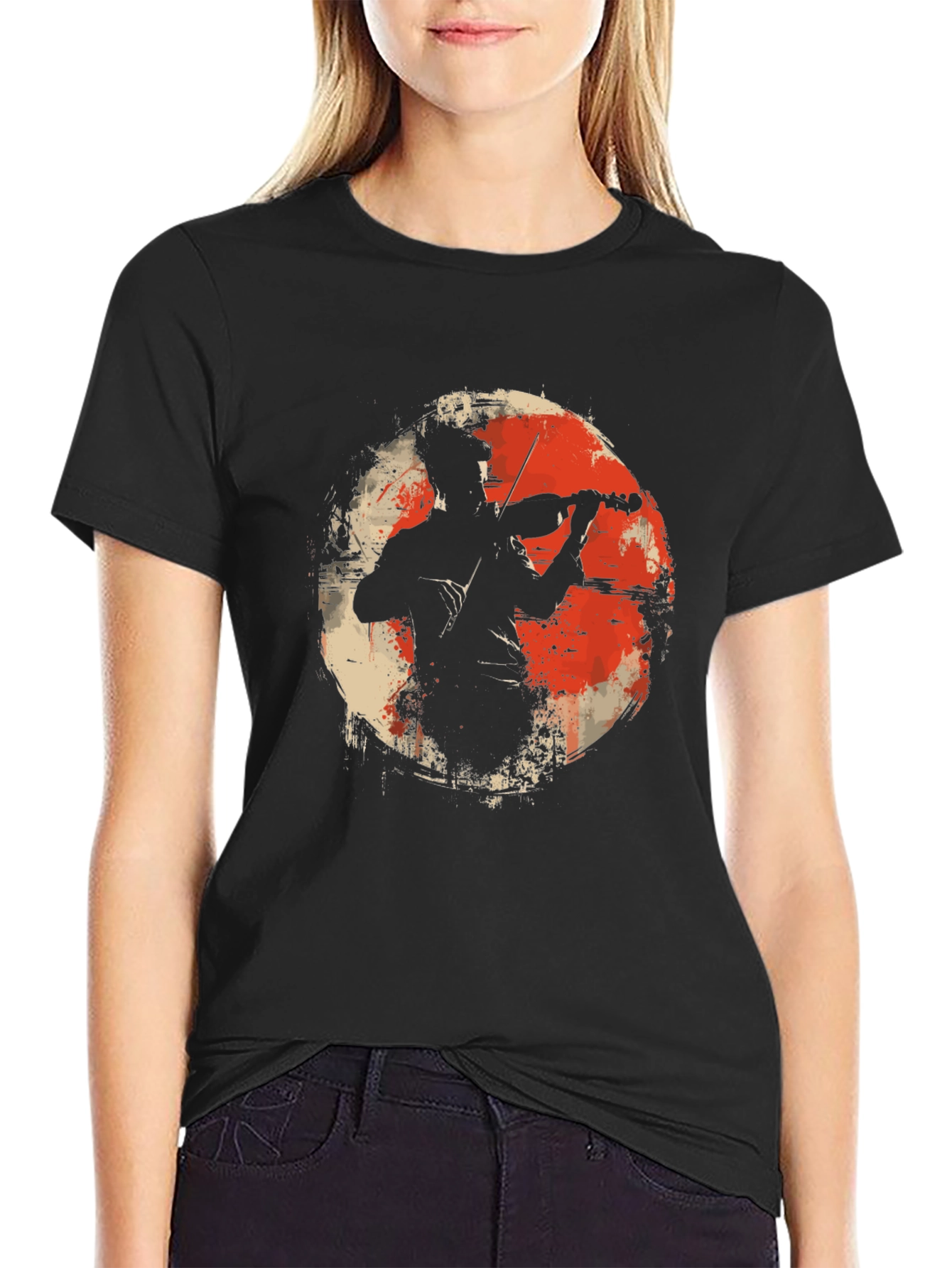 Violinist Silhouette Graphic Tee - Black Cotton T-Shirt