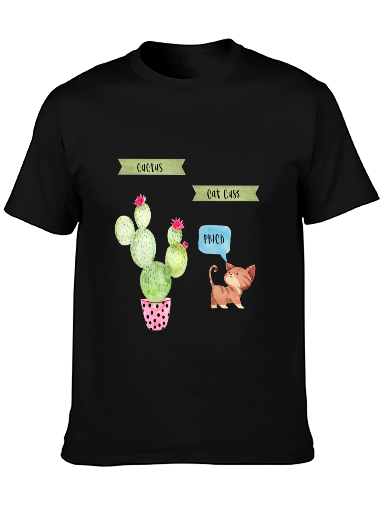 Cactus Cat Puns Black T-Shirt
