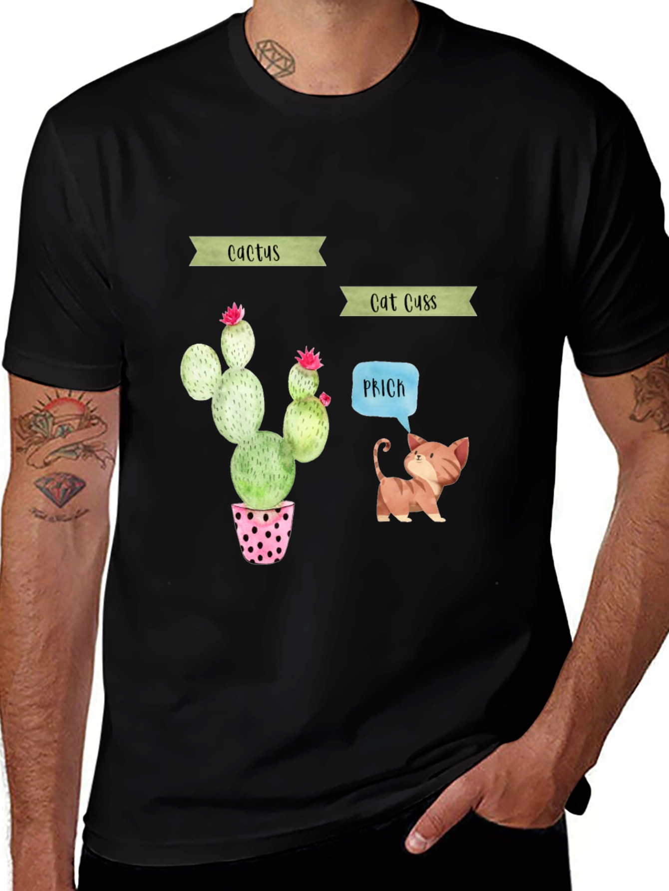 Cactus Cat Puns Black T-Shirt