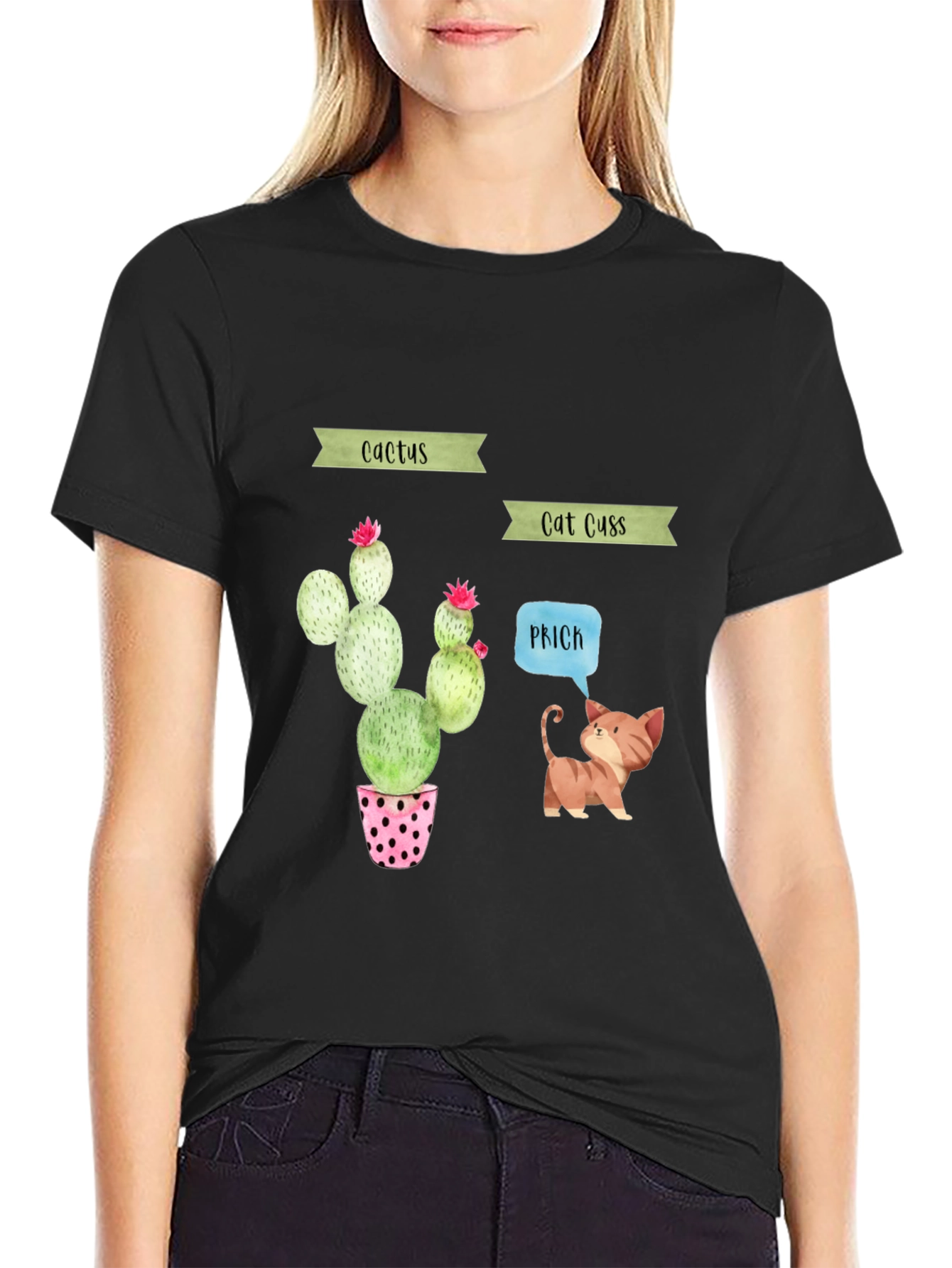 Cactus Cat Puns Black T-Shirt