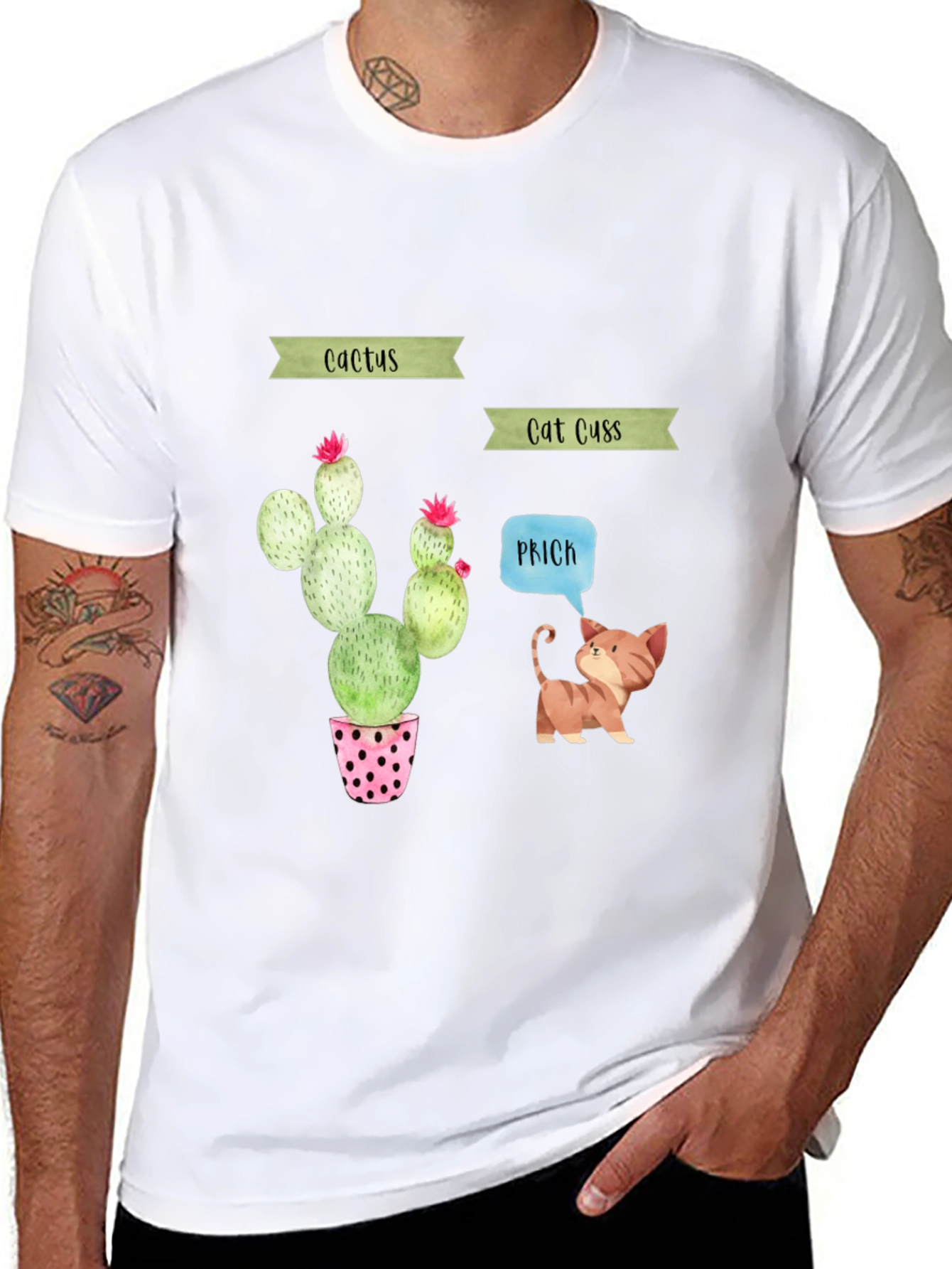 Cactus Cat Puns Black T-Shirt
