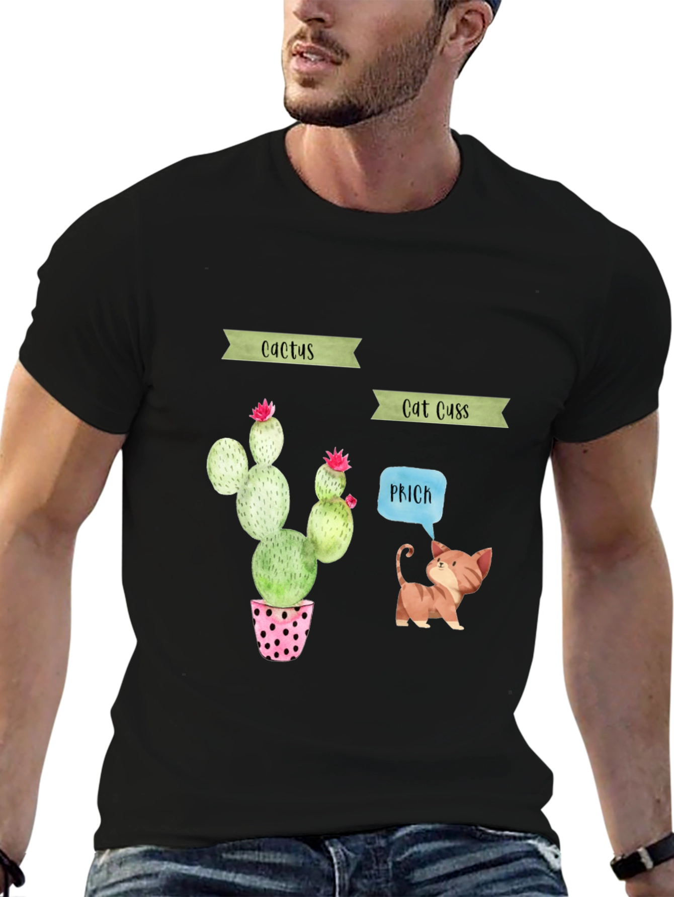 Cactus Cat Puns Black T-Shirt
