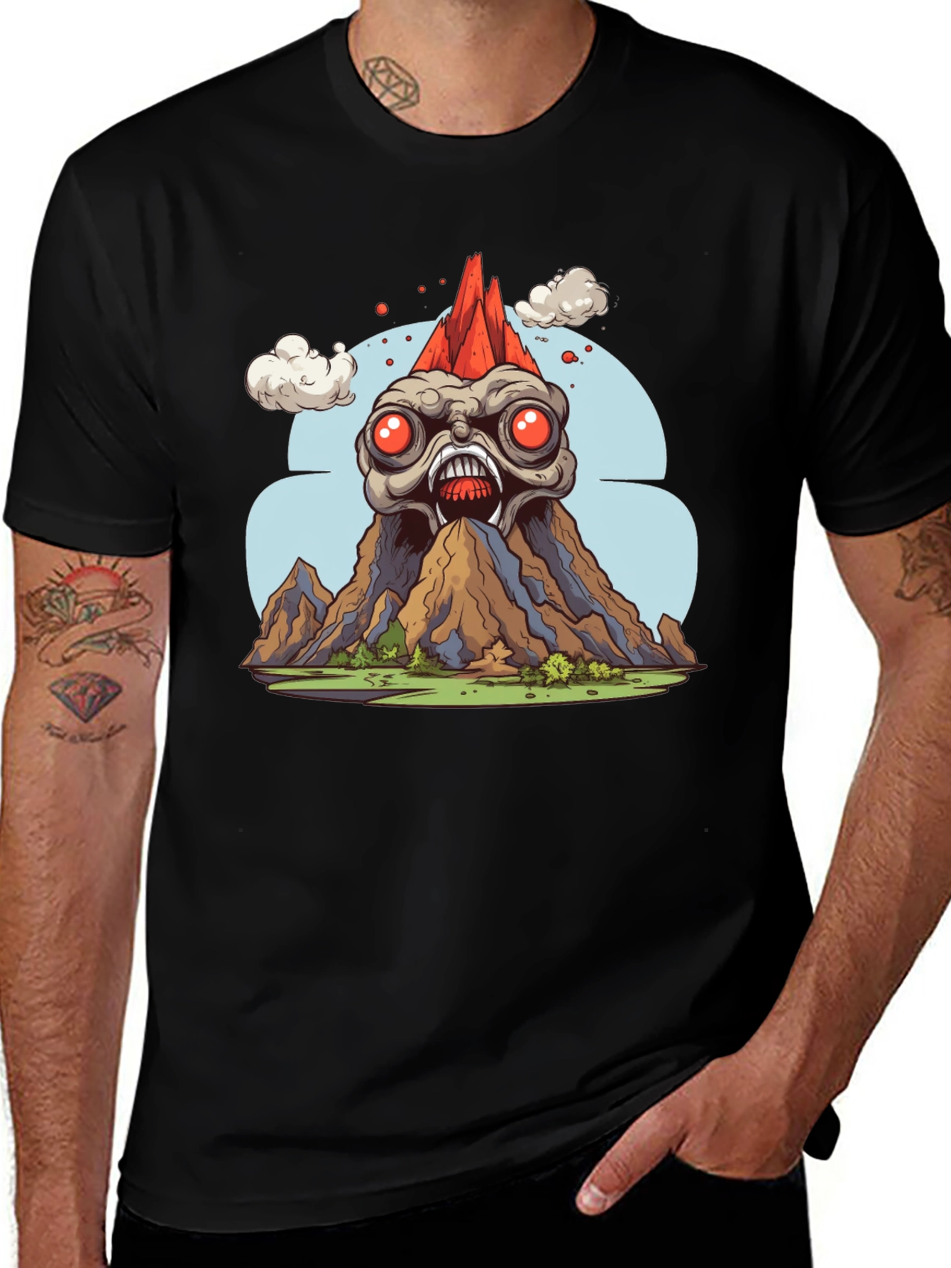 Monster Volcano Graphic Tee - Bold Black T-Shirt