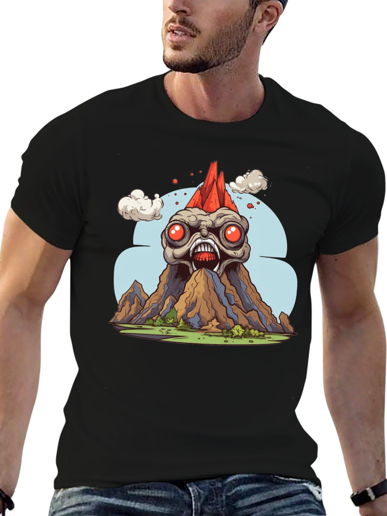 Monster Volcano Graphic Tee - Bold Black T-Shirt