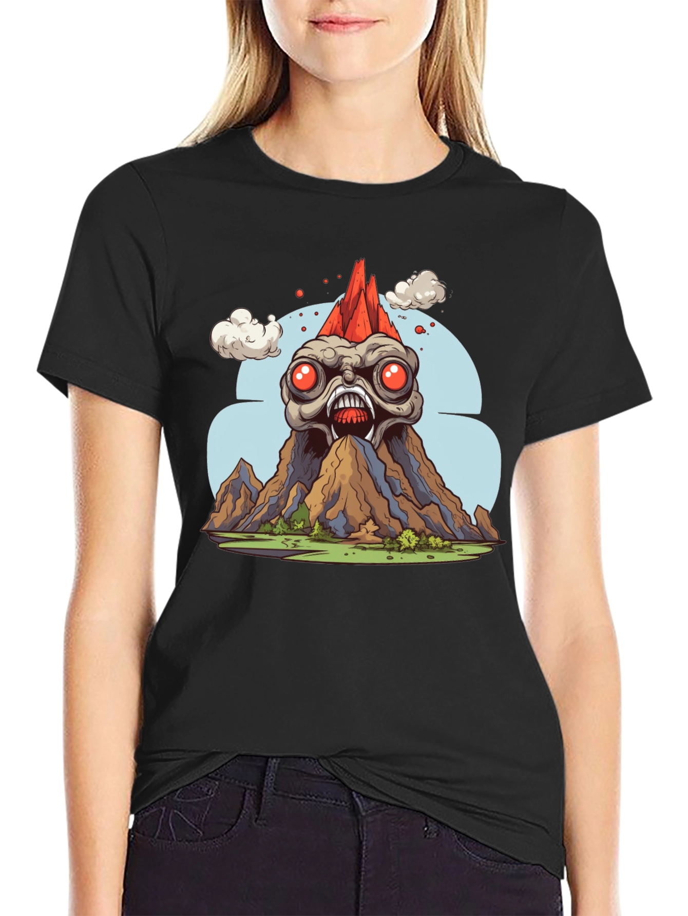 Monster Volcano Graphic Tee - Bold Black T-Shirt