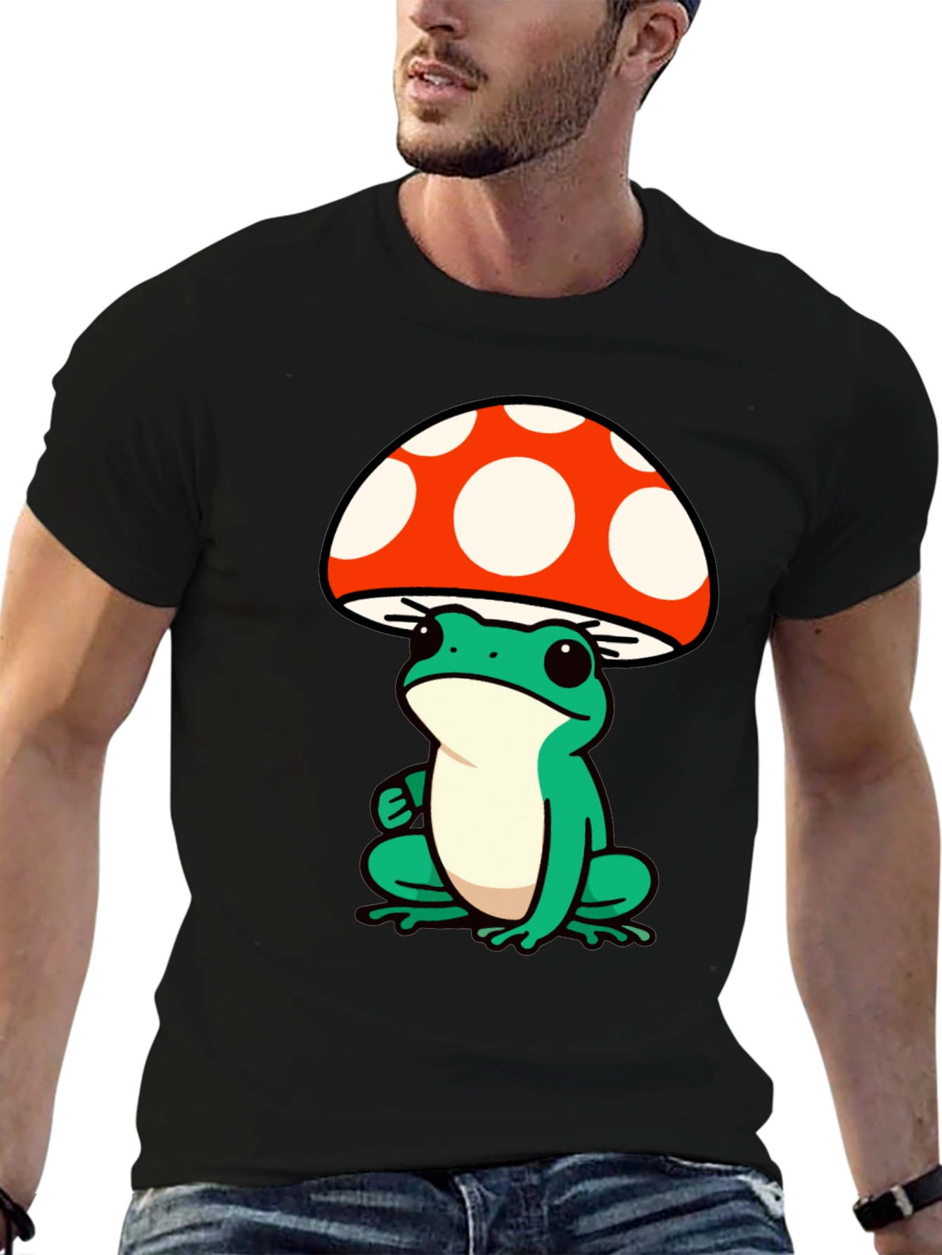 Frog Mushroom Graphic Tee - Black Cotton T-Shirt