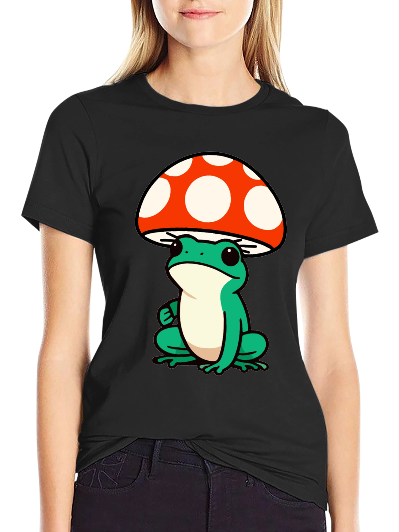 Frog Mushroom Graphic Tee - Black Cotton T-Shirt