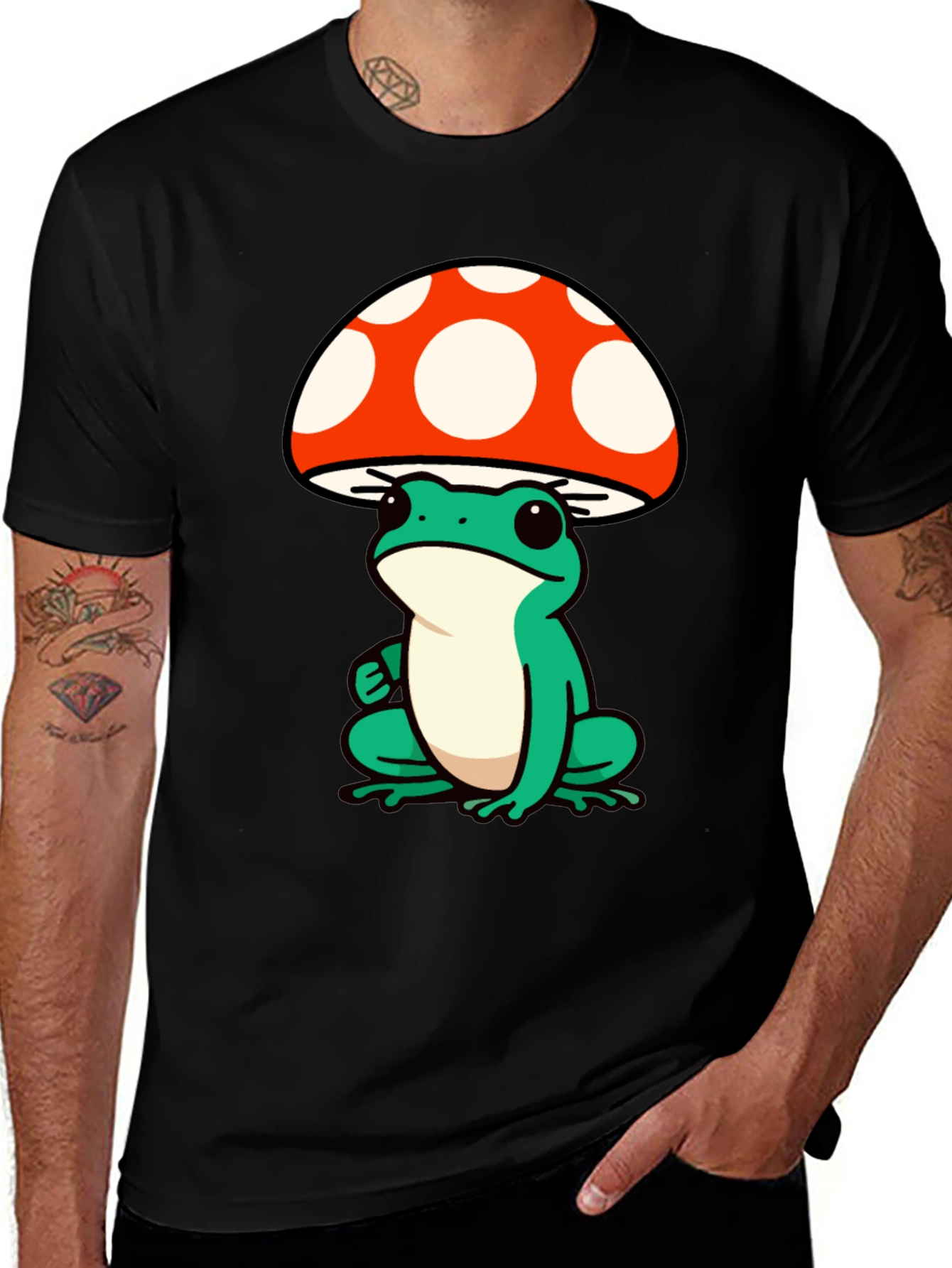 Frog Mushroom Graphic Tee - Black Cotton T-Shirt