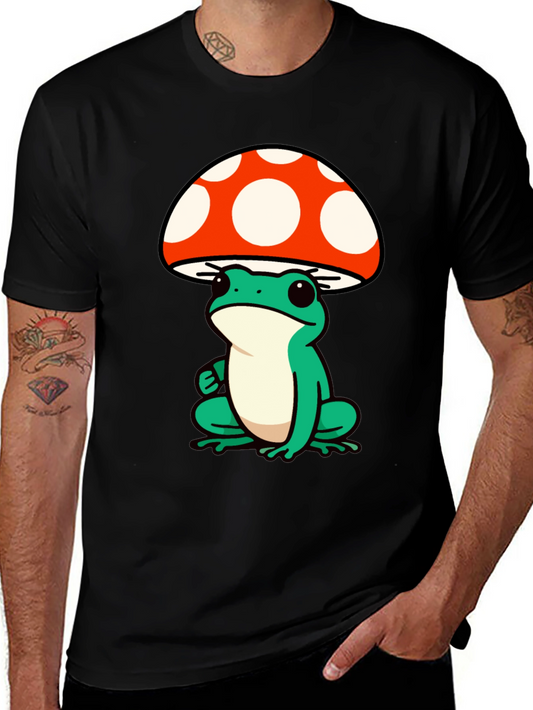 Frog Mushroom Graphic Tee - Black Cotton T-Shirt