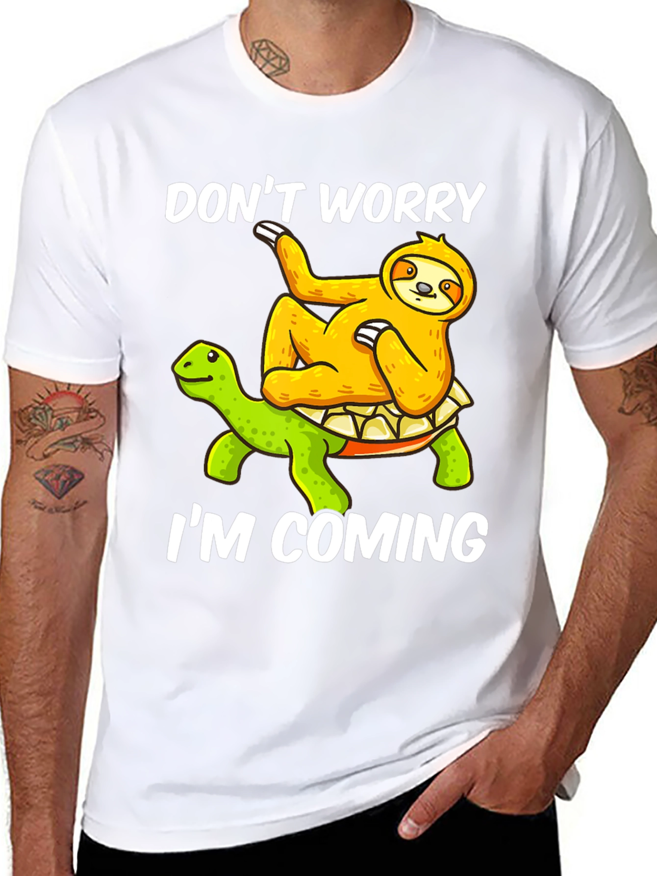 Dont Worry Im Coming Sloth Turtle Graphic Tee