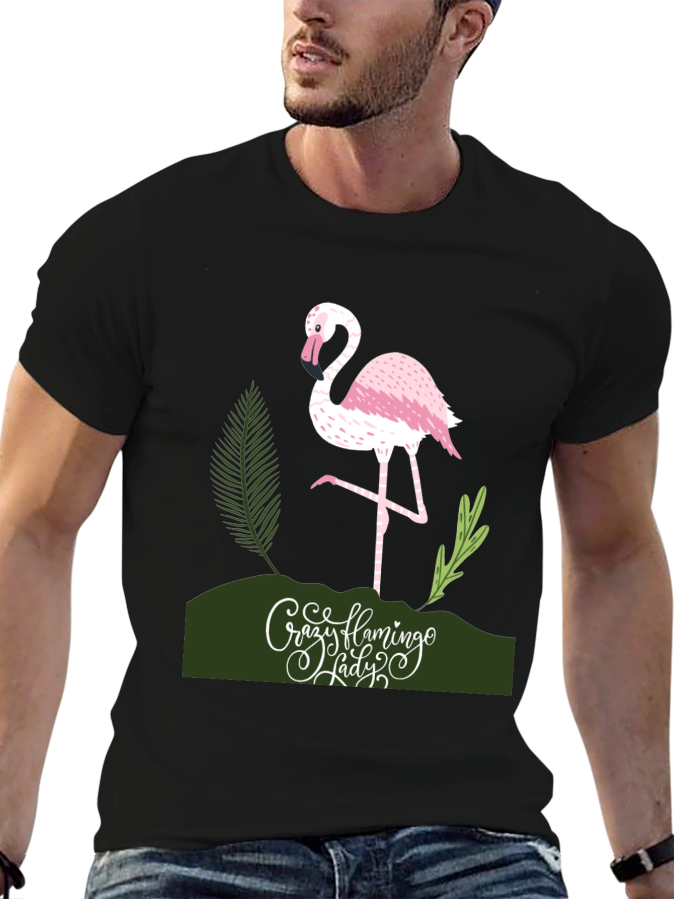 Crazy Flamingo Lady T-Shirt - Black Cotton Tee