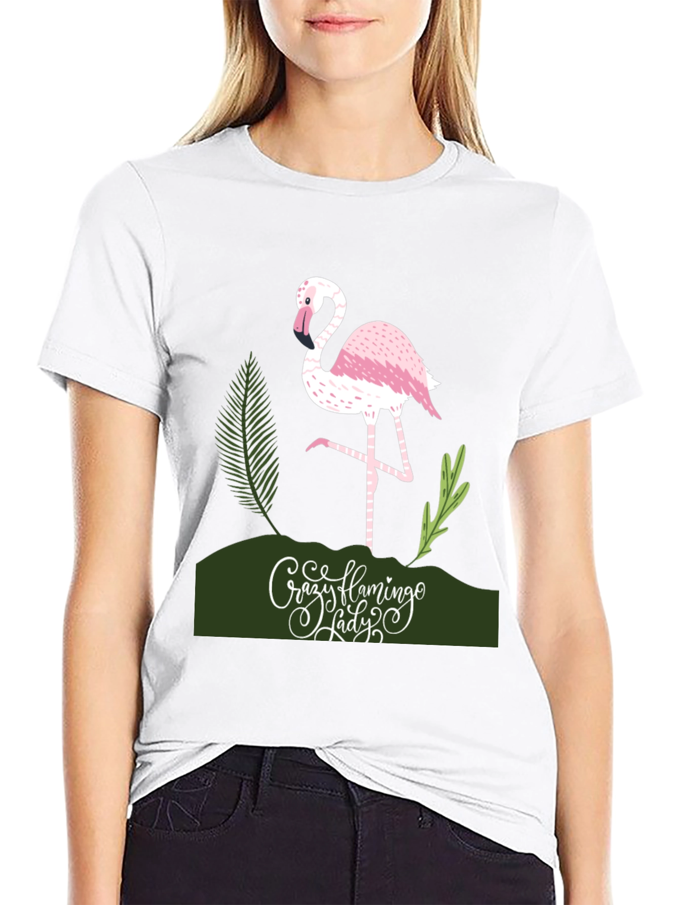 Crazy Flamingo Lady T-Shirt - Black Cotton Tee