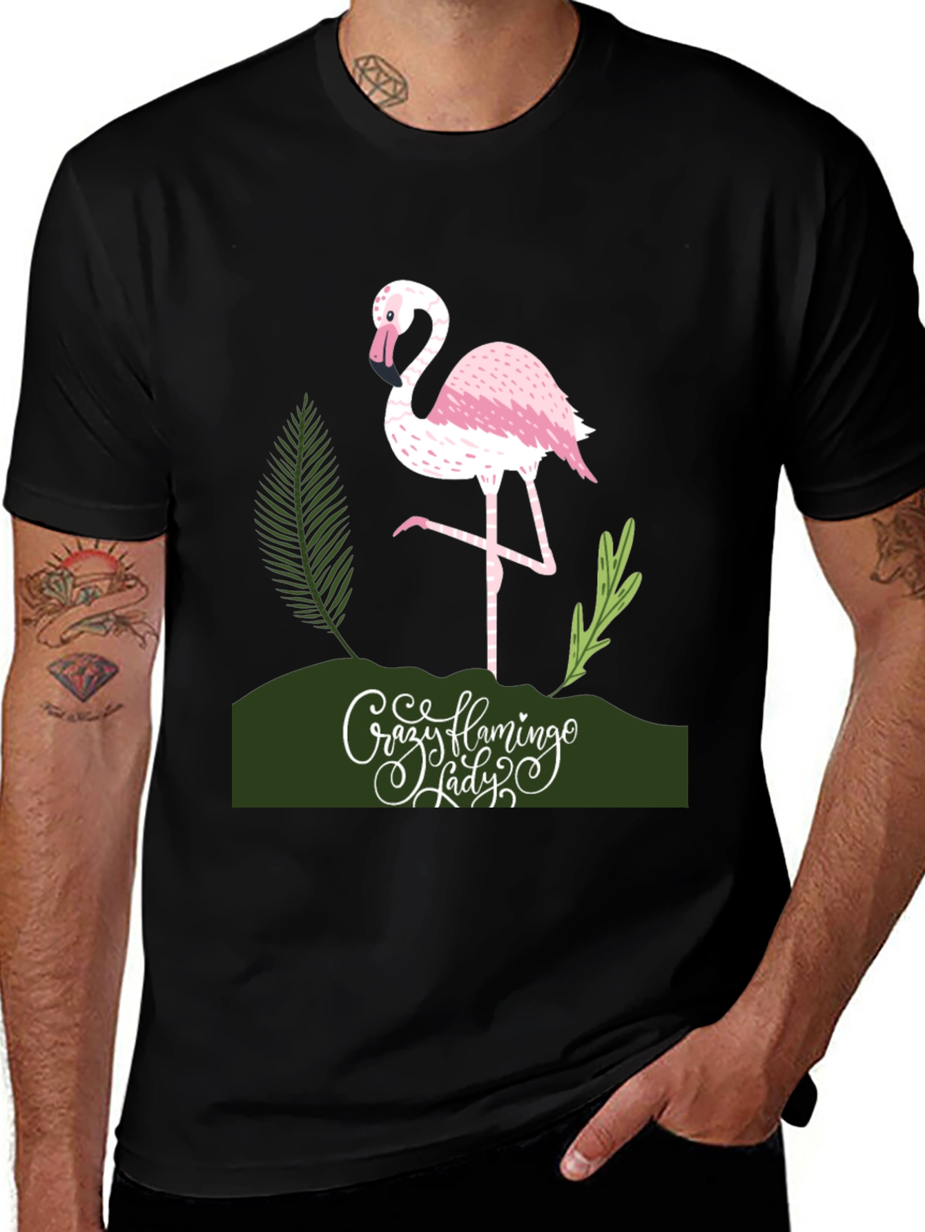Crazy Flamingo Lady T-Shirt - Black Cotton Tee