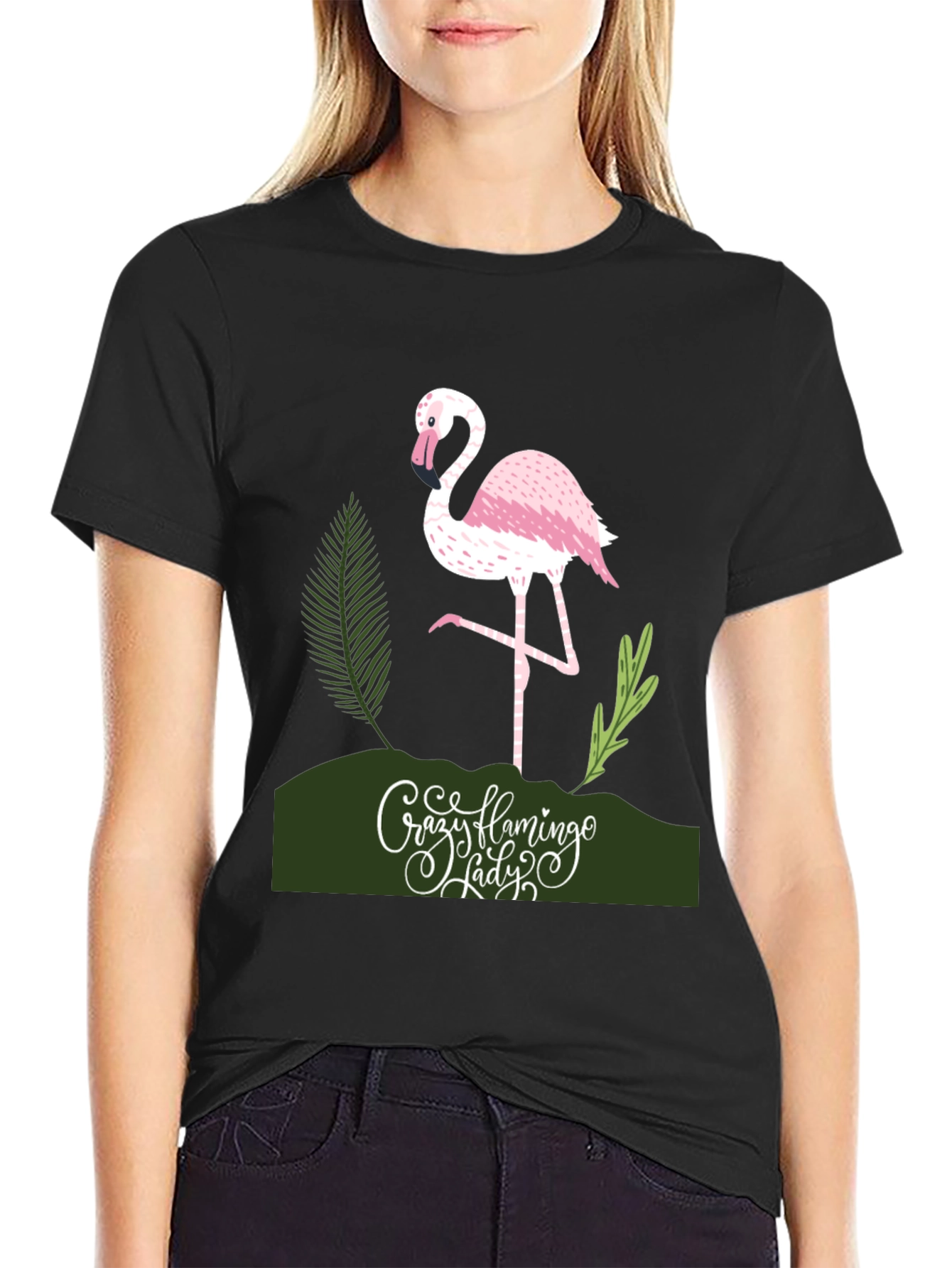 Crazy Flamingo Lady T-Shirt - Black Cotton Tee