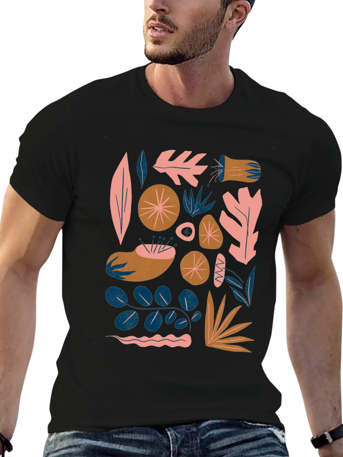 Modern Abstract Botanical Print Black T-Shirt