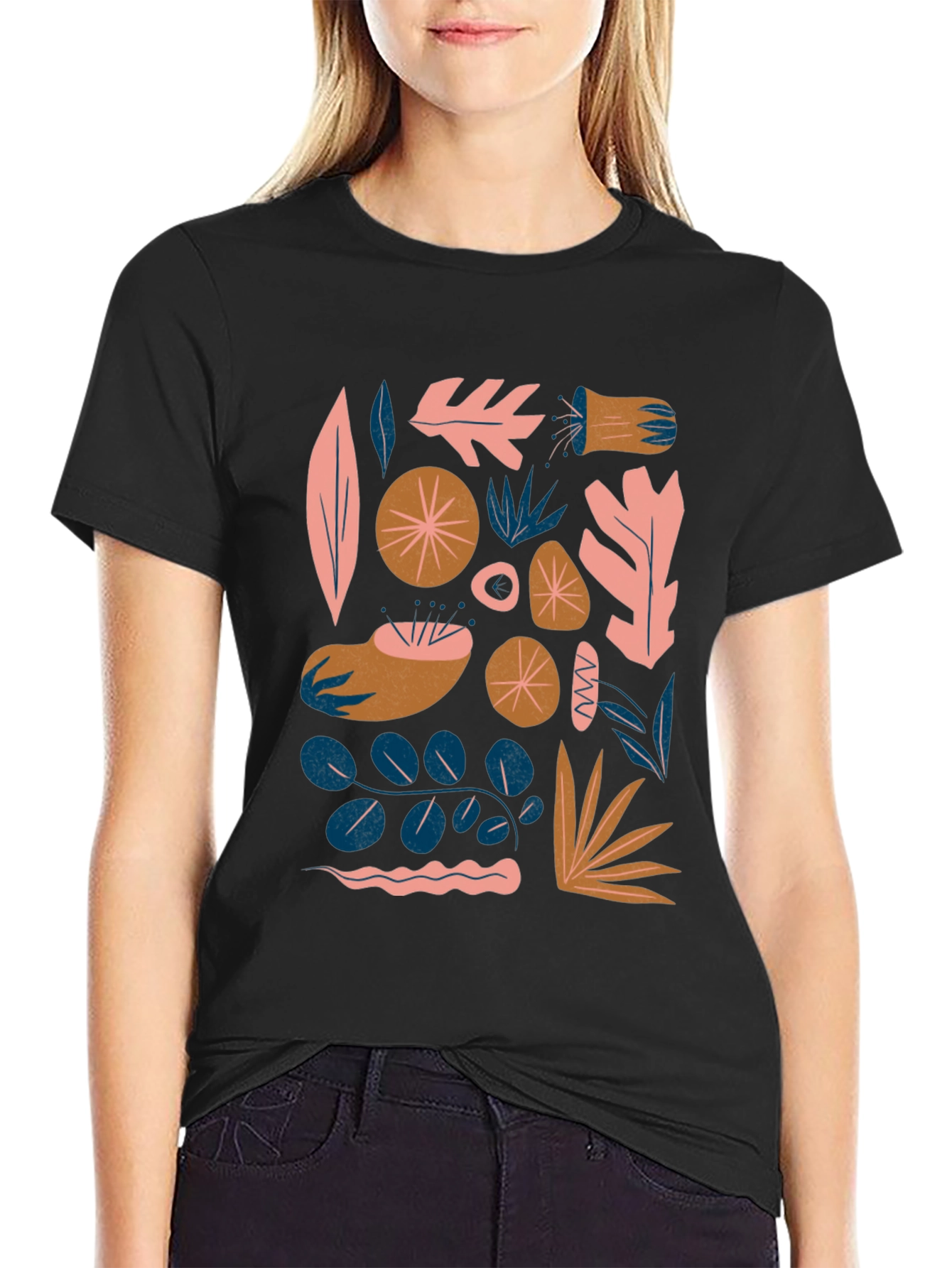 Modern Abstract Botanical Print Black T-Shirt