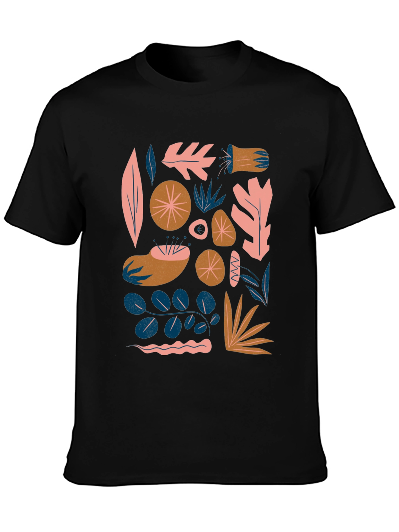 Modern Abstract Botanical Print Black T-Shirt